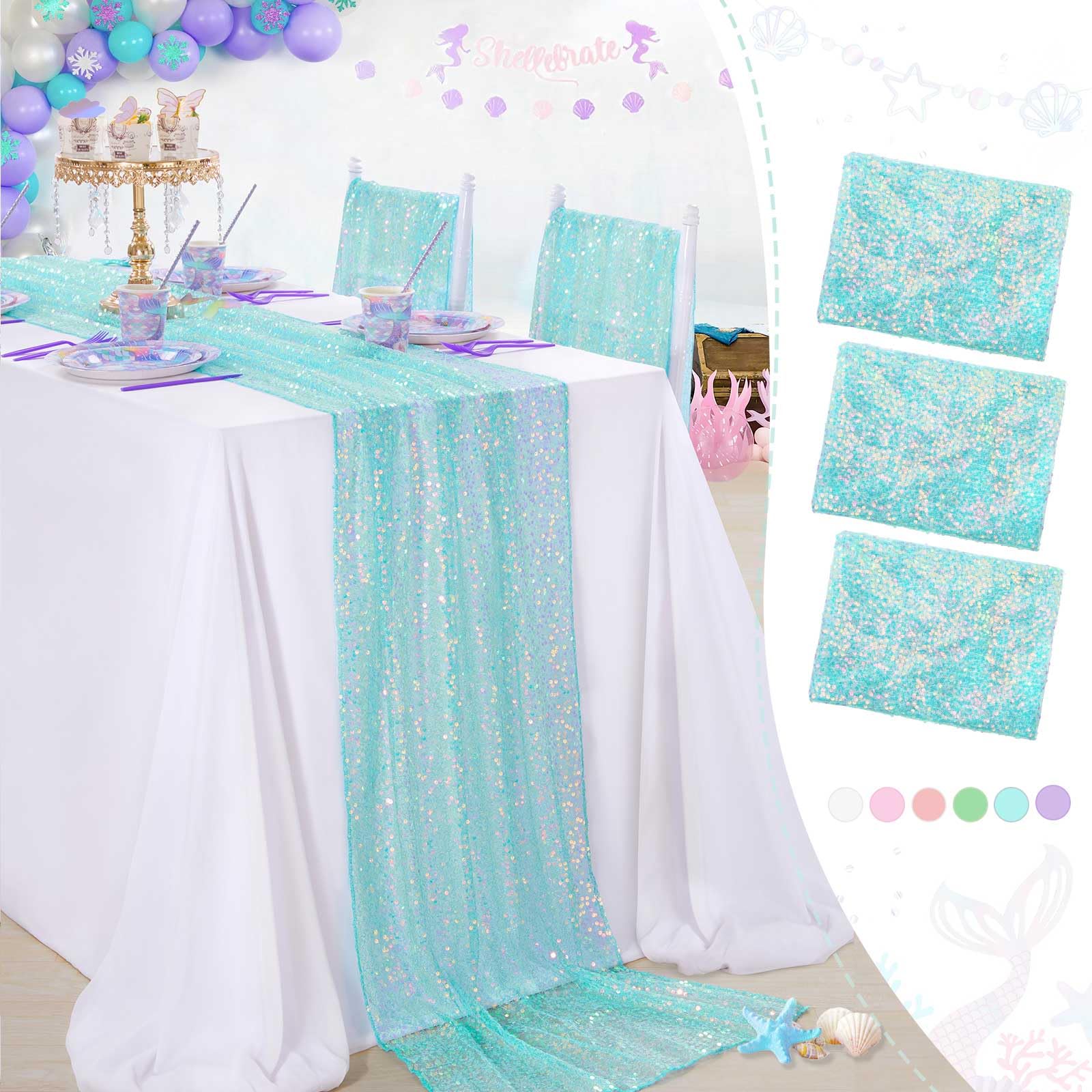 Sequin Table Runner 3 Pcs Mermaid Coral Green Iridescent Table Runners 25x120 Inches Ocean Themed Birthday Party Decorations