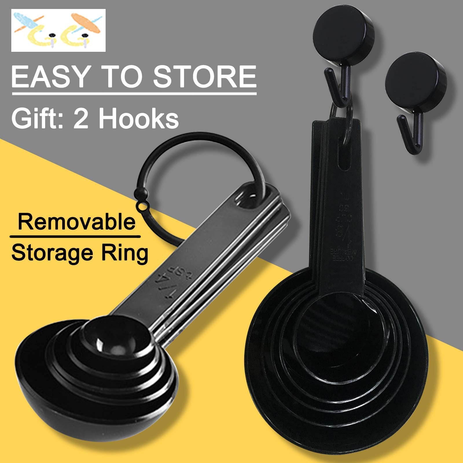 Xgigix Black Measuring Cups And Measuring Spoons Set Of 10Pcs, Minimalist Modern Cups, Included 2 Pcs Kitchen Tool Hook Up. (Bla