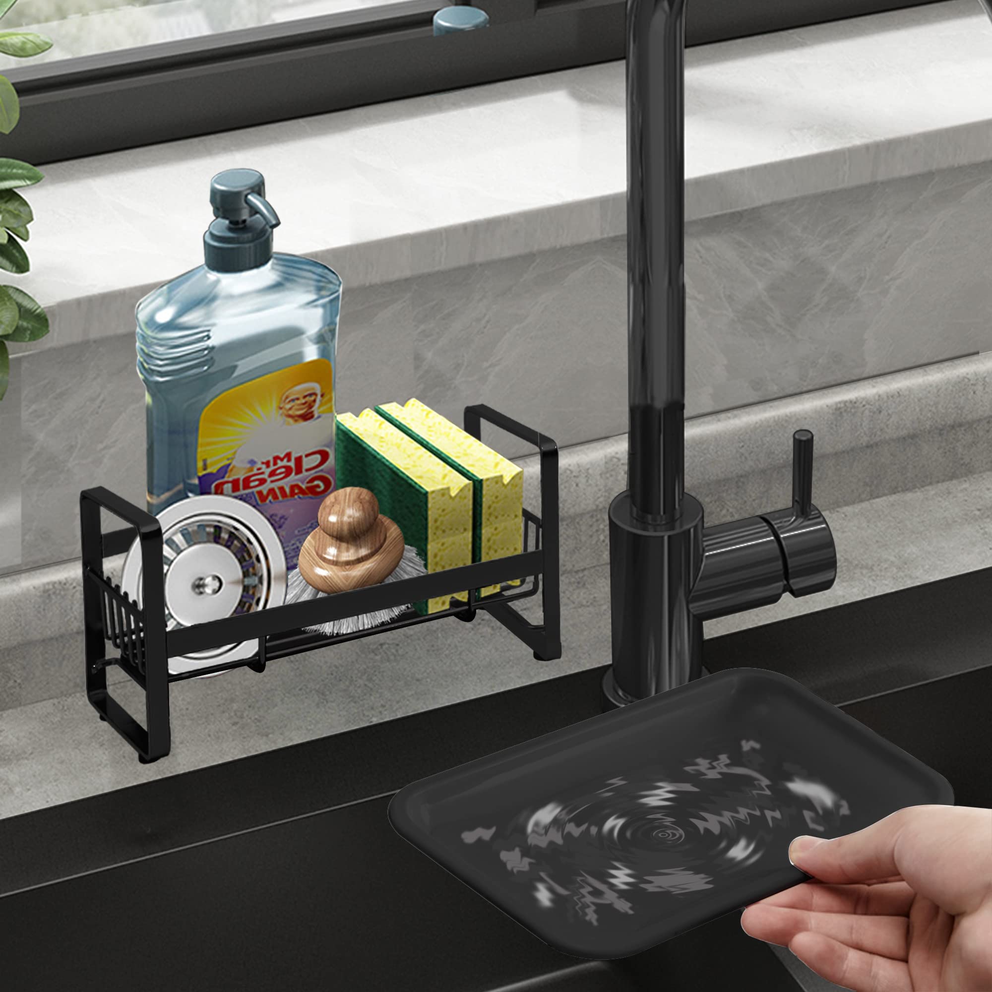 Kitchen Sponge Holder For Sink, Kitchen Sink Caddy Organizer, Sink Tray Drainer Rack, Dish Rags Brush Soap Storage Countertop Wi