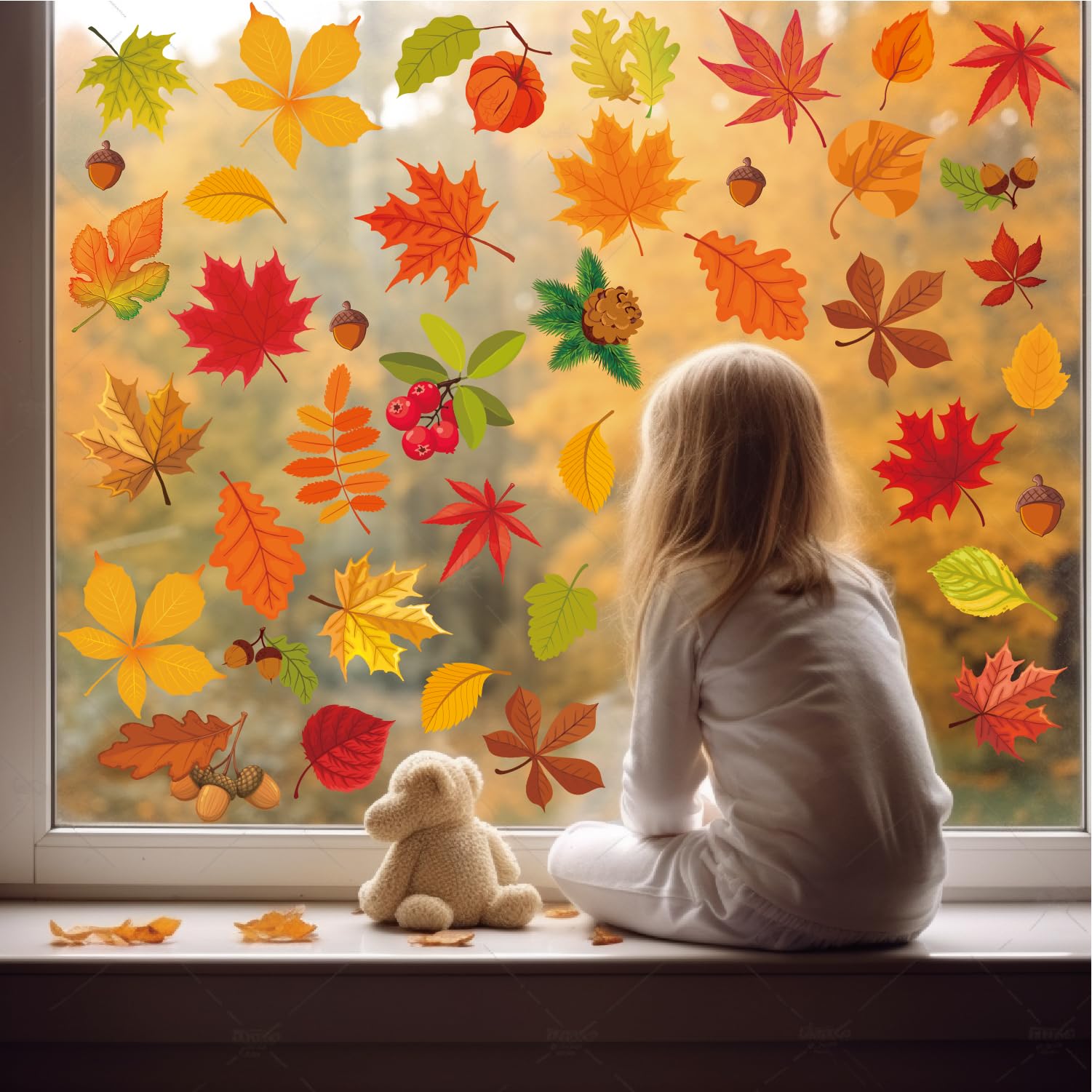 Fall Window Clings - 6 Sheets Autumn Maple Leaf Window Clings for Glass Windows Thanksgiving Windows Decals Stickers for Home Of