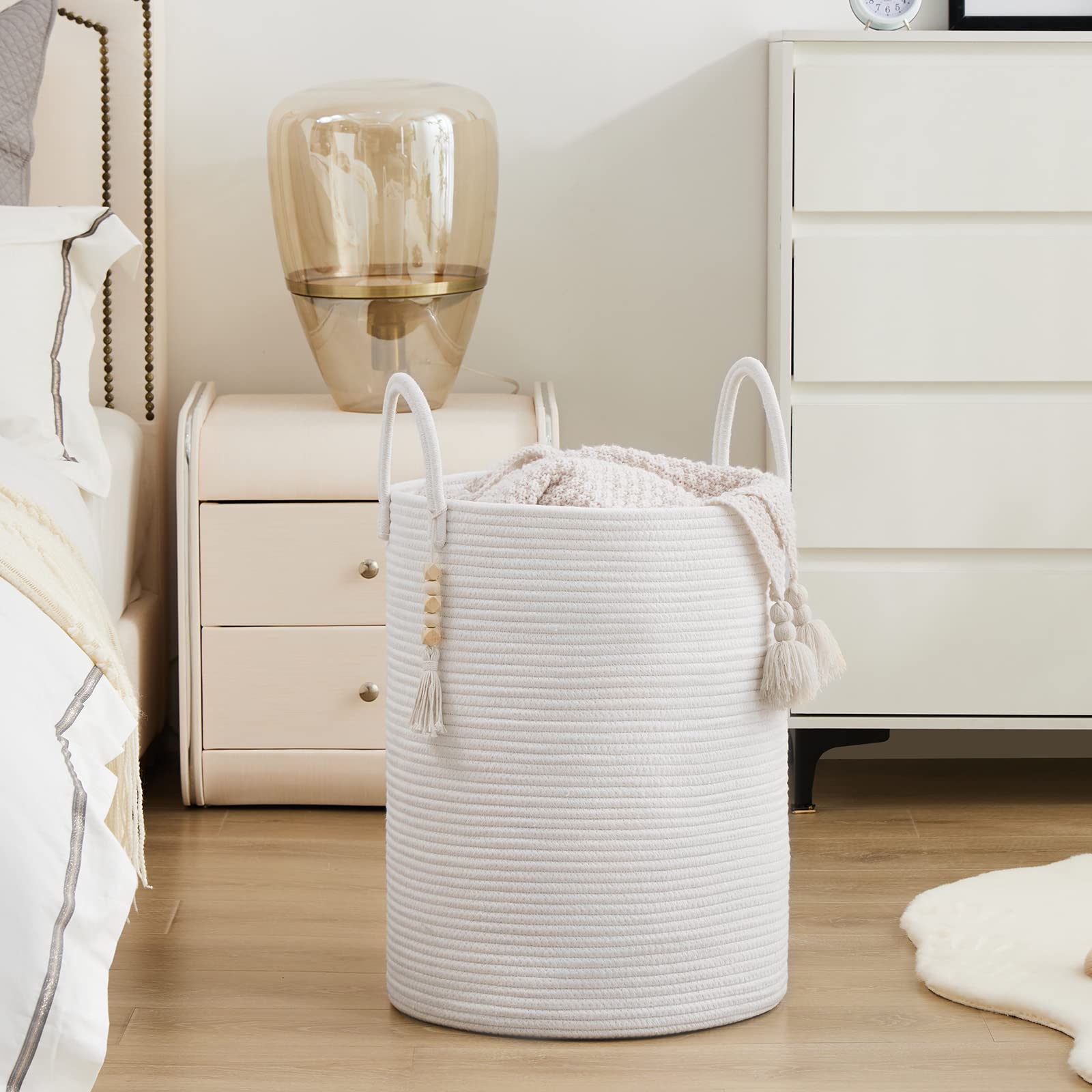 Youdenova Cotton Rope Laundry Hamper Basket, 58L Tall Woven Collapsible Baskets For Blanket Organizing Clothes Hamper For Laundr