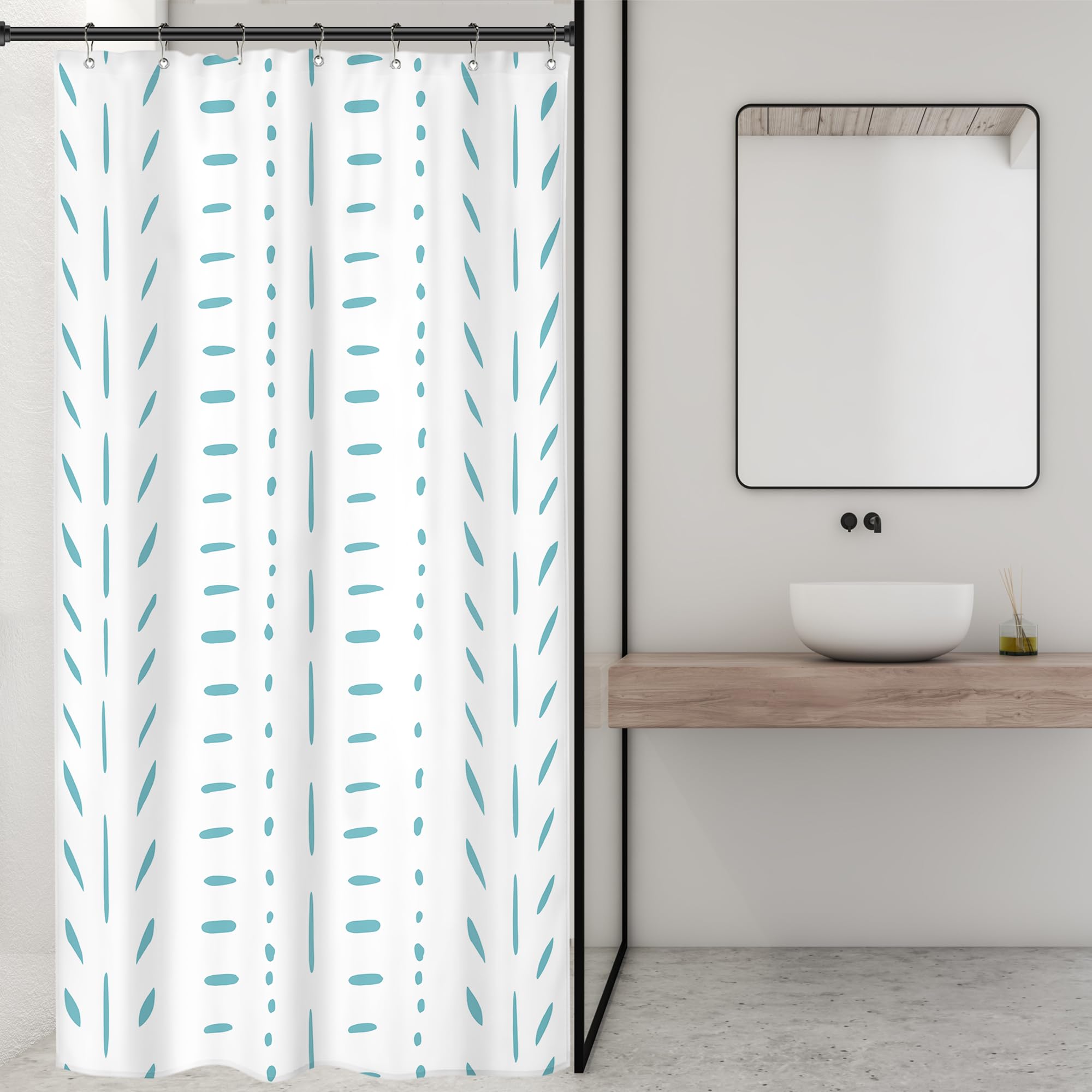 Riyidecor Stall Small Boho Teal Half Size Shower Curtain Striped Geometric Chevron Herringbone 36Wx72H Inch Single Narrow Tiny W