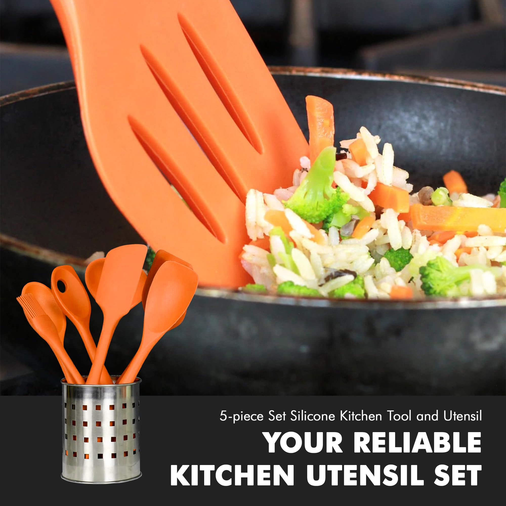 Chef Craft Premium Silicone Kitchen Tool And Utensil, 5 Piece Set, Orange