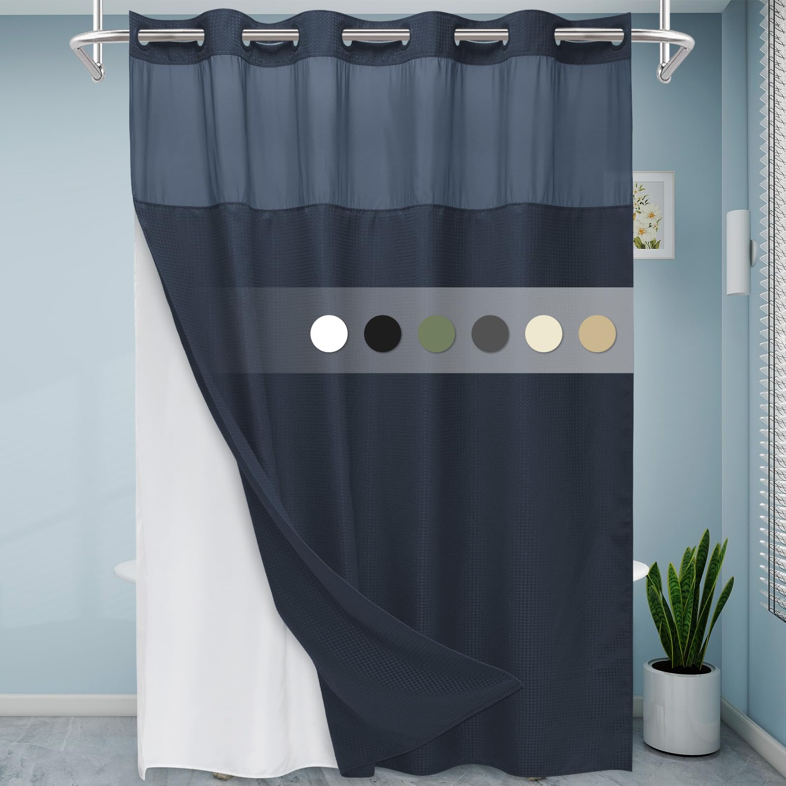Eutxl Navy Blue Long No Hook Shower Curtain With Snap In Liner,230Gsm Waffle Weave Shower Curtains For Bathroom,71W X 86H