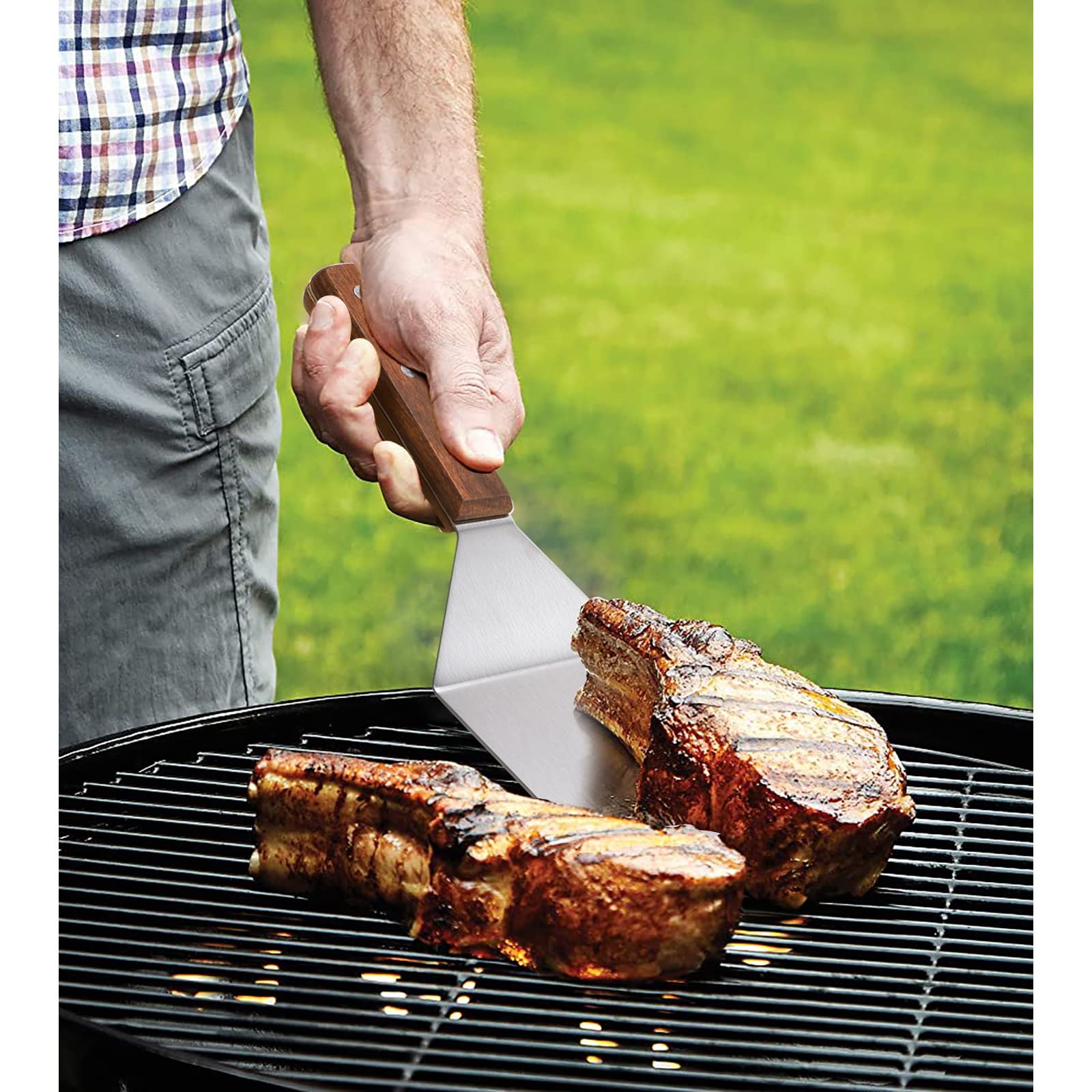 Tongs And Spatula Set Of 3, Heavy Duty Stainless Steel Kitchen Tongs 12''/16'' & Metal Spatula 4 X 5.5 With Wood Handle For Bbq