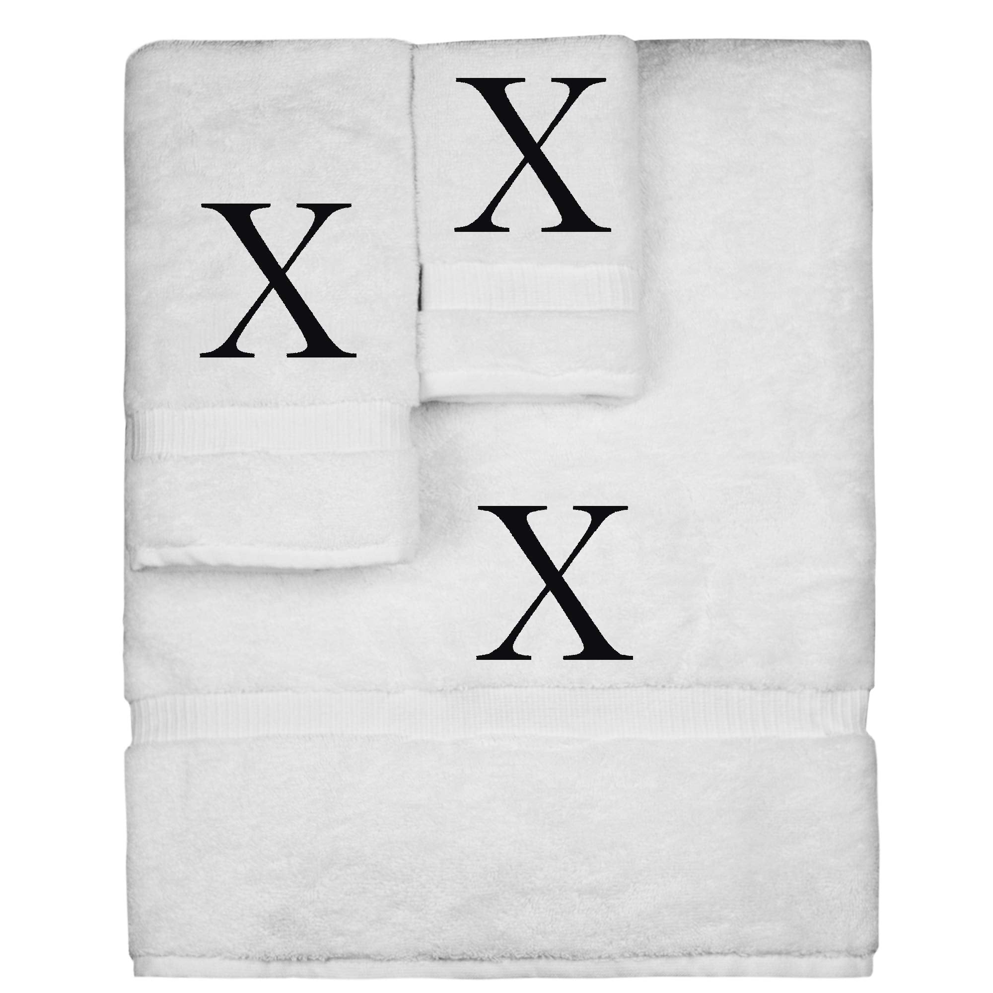 Monogrammed Towel Set, Personalized Gift, Set Of 3- Black Block Letter Embroidered Towel - Extra Absorbent 100% Turkish Cotton -