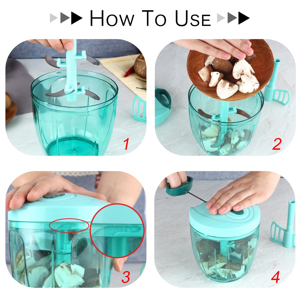 Ourokhome Manual Chopper Food Processor - Vegetable Masher For Onion, Garlic, Parsley With 5 Blades (Teal, 900Ml)