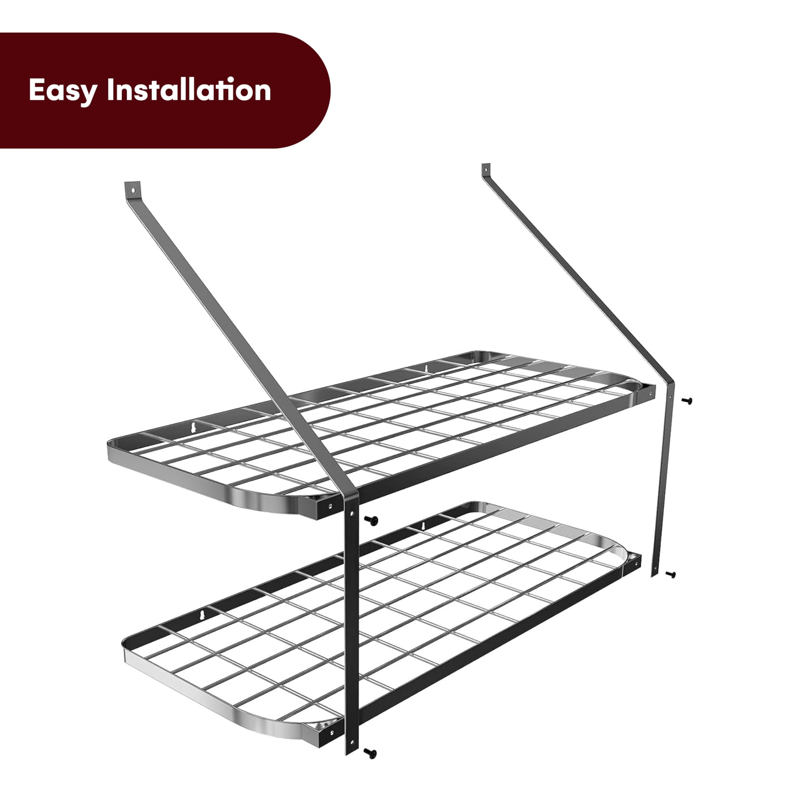 Vdomus Hanging Pot And Pan Rack, 13.7'' Dx29.5 Wx10.6 H - 2-Tier Wall Mounted Kitchen Shelves - Heavy-Duty Cast Iron Cookware An