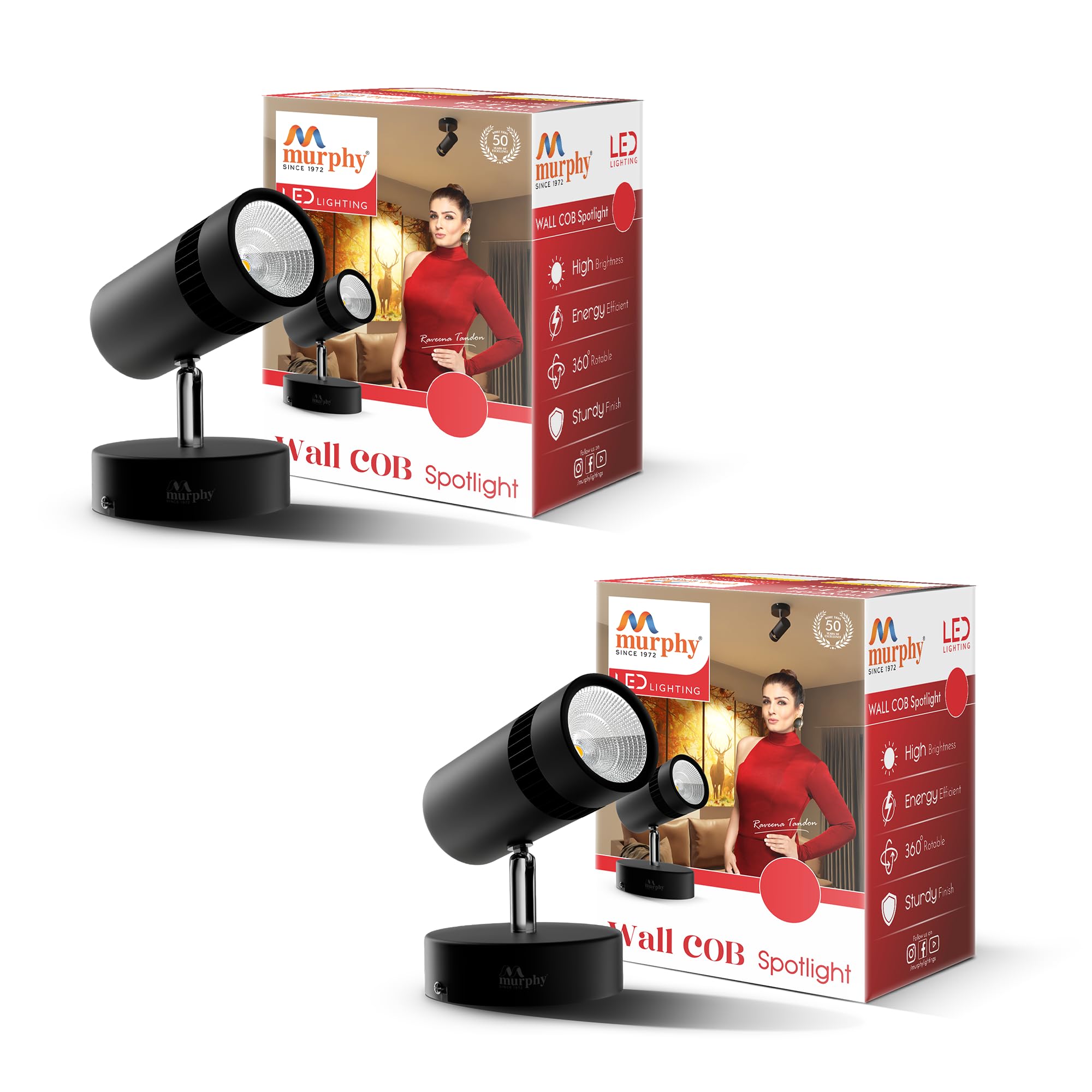 Murphy 10W Adjustable Black Aliminum Led Wall Cob Surface Mounted Spot Light With 2 Years Warranty (Warm White, Pack Of 2)