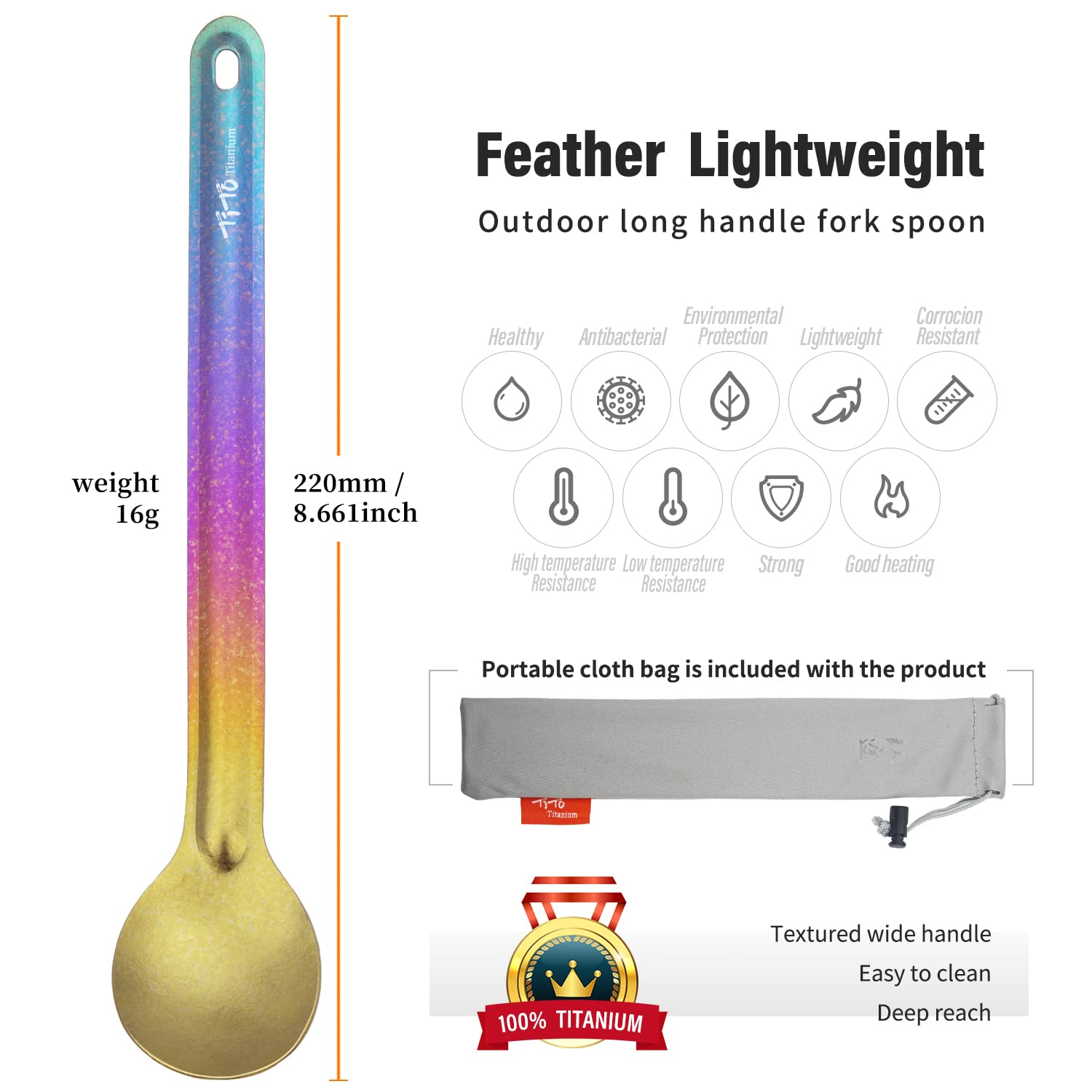 TiTo Titanium Long Handle Spork and Spoon Eco-Friendly Ultralight Portabale Flatware for Outdoor camping Backpacking Hiking Travel Picnic Tableware with Bag(2pcs colorful )