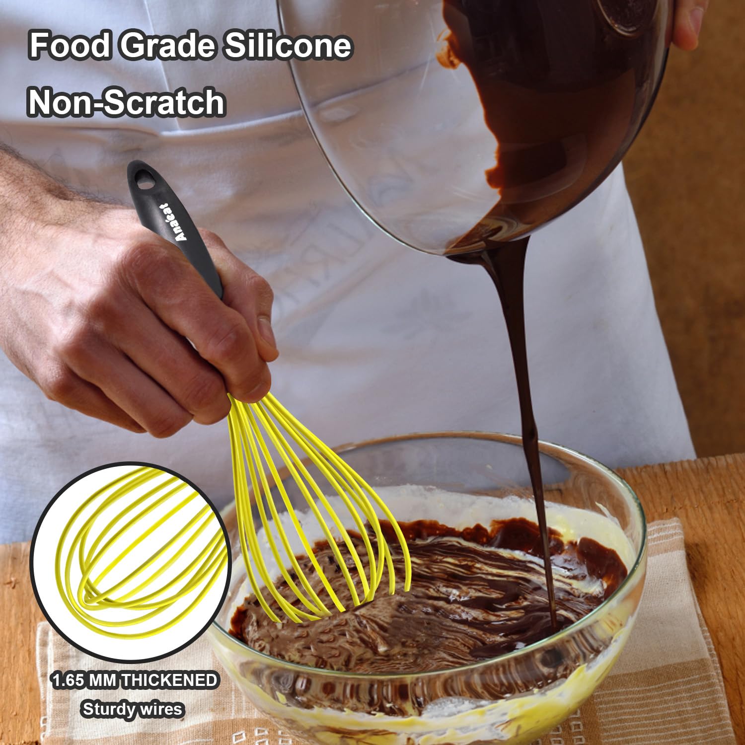 Anaeat Silicone Whisk, Thick Stainless Steel Wire Inner Heat Resistant - Kitchen Whisks For Non-Stick Cookware, Balloon Egg Beat