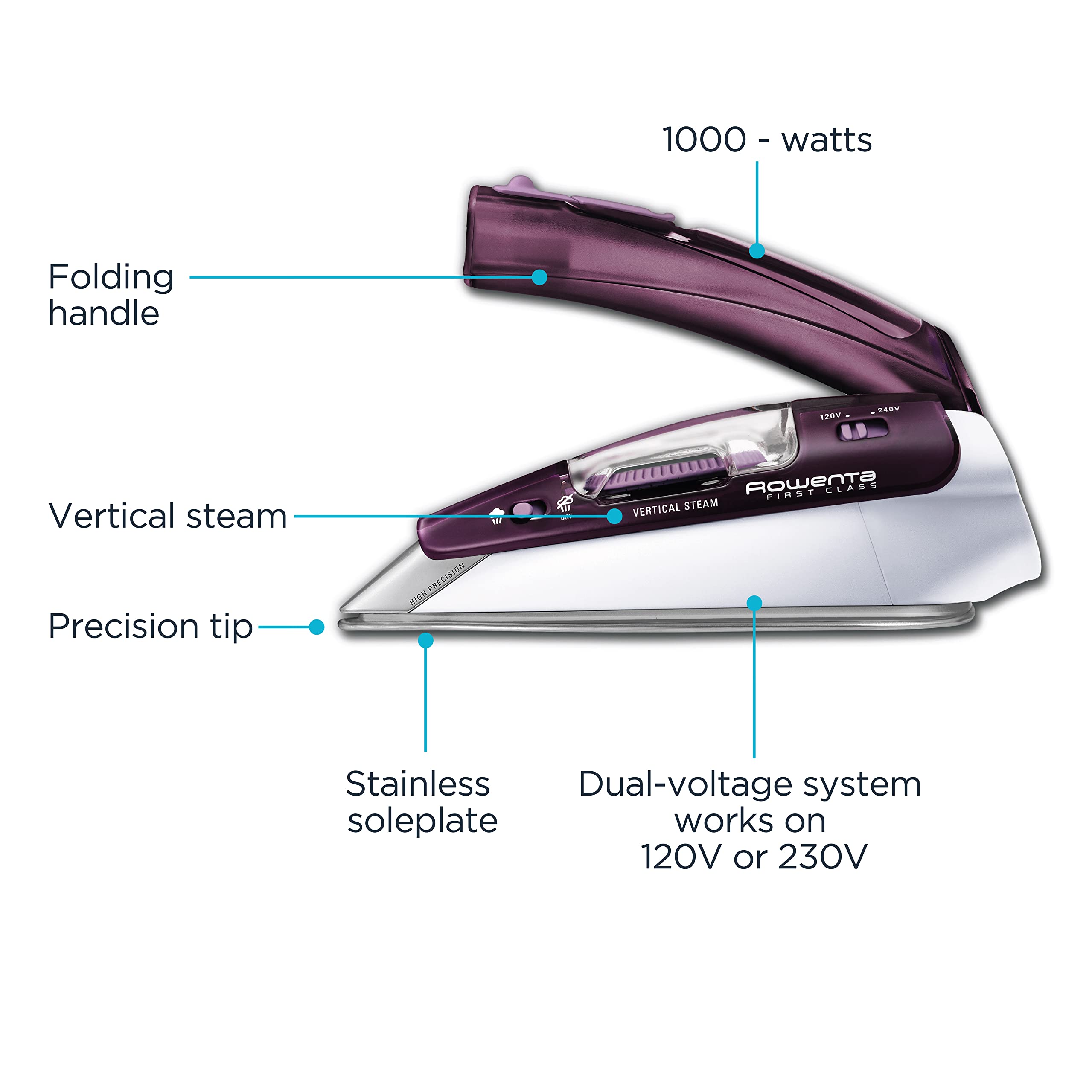 Rowenta, Travel Iron, Pro Compact Stainless Steel Soleplate Steam Iron For Clothes, 200 Microsteam Holes, 1000 Watts Ironing, Fa