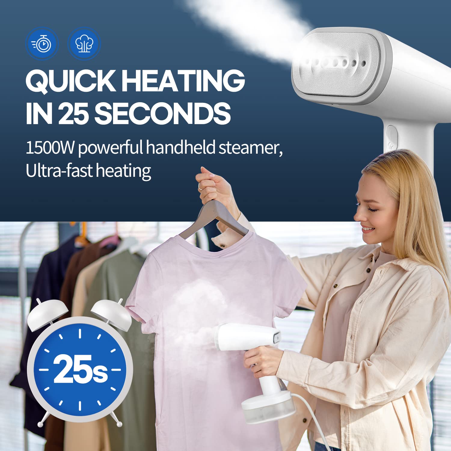 Hubicare Steamer For Clothes, 1500W Clothes Steamer With Large 250Ml Tank, Handheld Clothing Steamer, Fabric Wrinkle Remover, Po