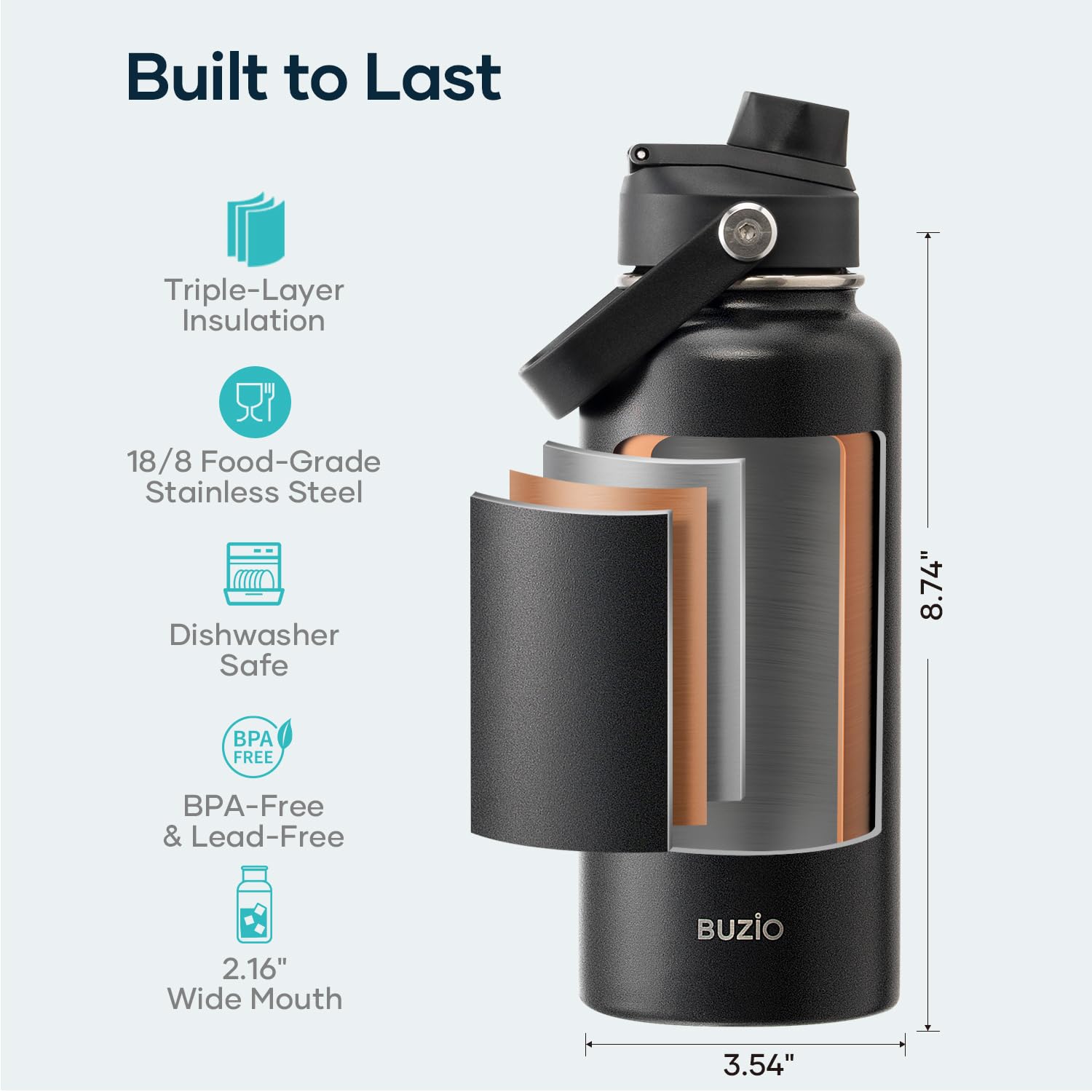 BUZIO Stainless Steel Water Bottle (Cold for 48 Hrs  Hot for 24 Hrs)  32 oz Vacuum Insulated Water Bottle with Straw Lid and Flex Cap (Double Wall  Wide Mouth  BPA Free  Leak Proof)  Black