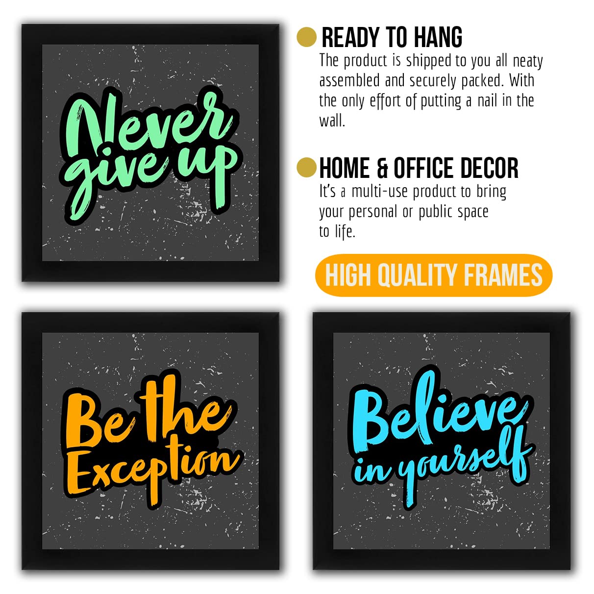 Interio Crafts Synthetic Wood Home Decor Never Give Up Motivational Short Quotes Framed Poster For Office Wall Decor, Set Of 4 I
