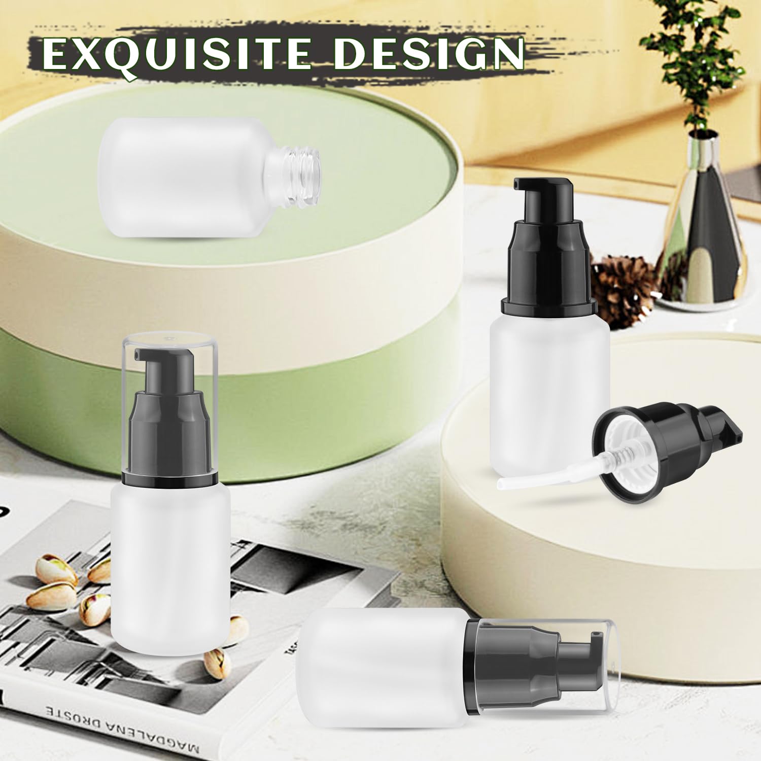 8 Pcs 30Ml/1Oz Frosted Glass Bottles Empty Pump Dispenser Jar Travel Lotion Vials With Plastic Pump Head For Toiletry Liquid Fou