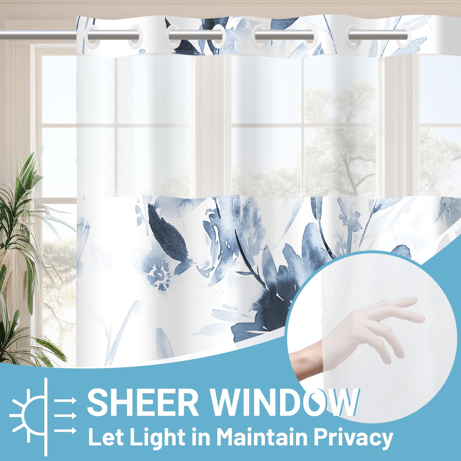 Withloc No Hook Shower Curtain With Snap In Liner - Floral Shower Curtain - Fabric Waterproof Inner Liner, Plants Navy Blue Flow