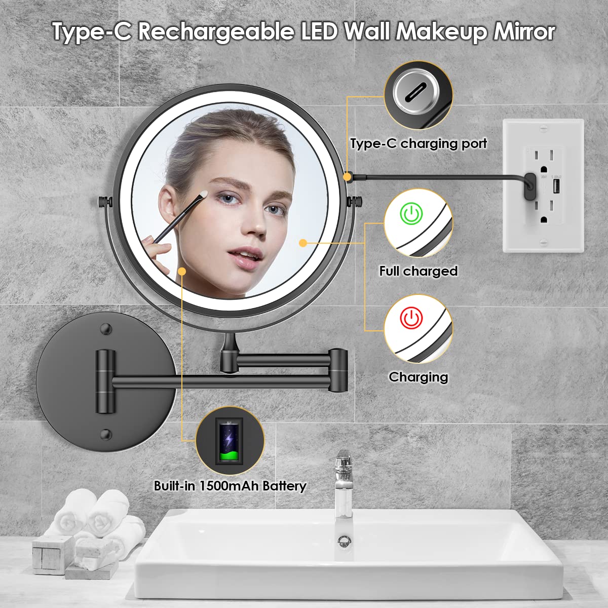 Rocollos Rechargeable Wall Mounted Lighted Makeup Mirror  8 Inch Double-Sided LED Vanity Mirror 1X/10X Magnification 3 Color Lights Touch Screen Dimmable 360Swivel 13 Inch Extendable