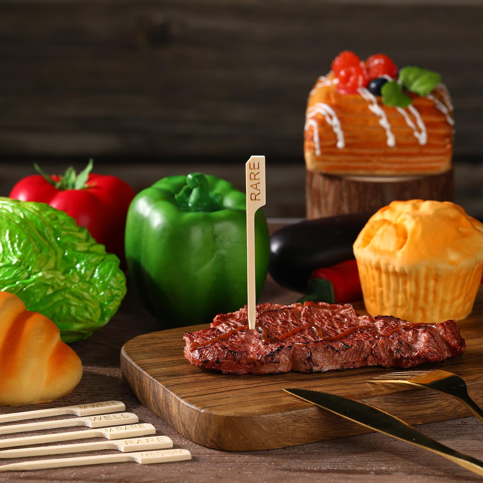 Thyle 200 Pcs 3.94 Inch Assorted Bamboo Steak Markers Wood Meat Marker Sticks Steak Temperature Sticks Meat Doneness Picks Bambo