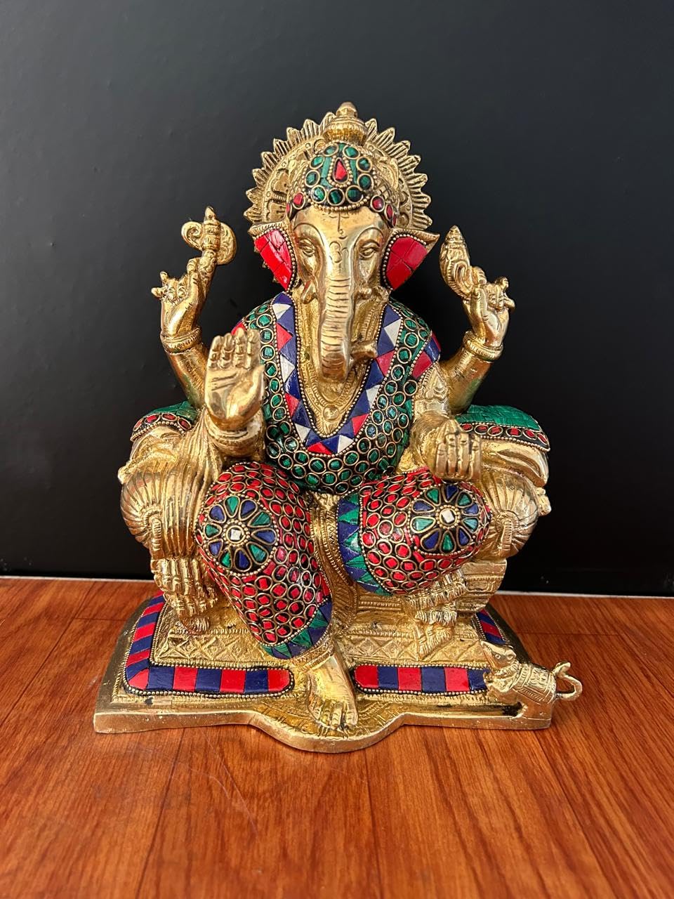 Brass Ganesha Statue With Mosaic, 24 Cm Stone Work Brass Ganesh Statue, Ganpati Idol, Good Luck Gift For New Beginnings, House W
