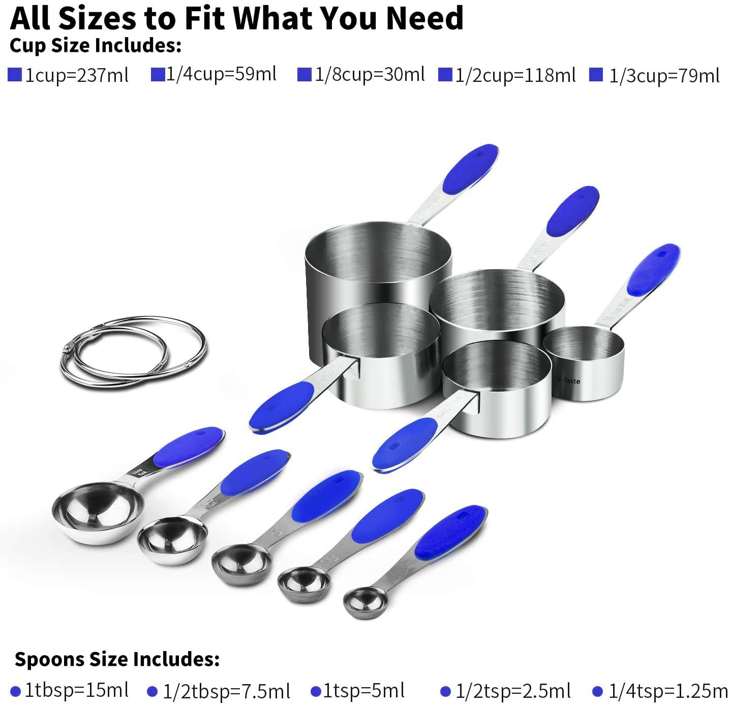 Measuring Cups : U-Taste 18/8 Stainless Steel Measuring Cups And Spoons Set Of 10 Piece, Upgraded Thickness Handle(Blue)