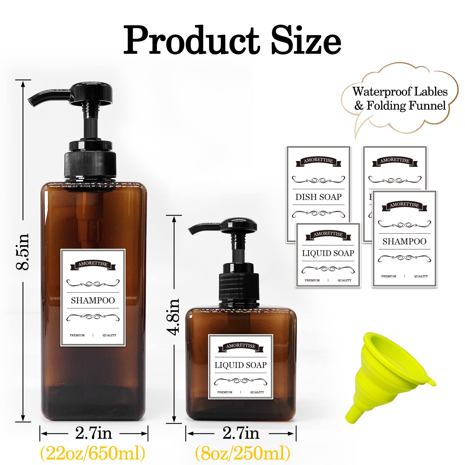 Amorettise 6 Pack Shampoo And Conditioner Dispenser Bottles - 4 Pack 22 Ounce And 2 Pack 8 Ounce Refillable Square Plastic Pump