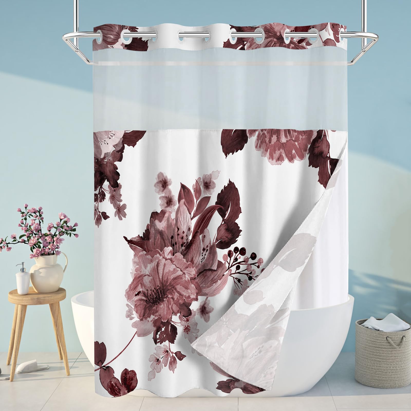 Sscrcusly No Hook Shower Curtain With Snap In Liner Set, Burgundy Floral And White Modern Hotel Style For Bathroom, 71X74 Inches