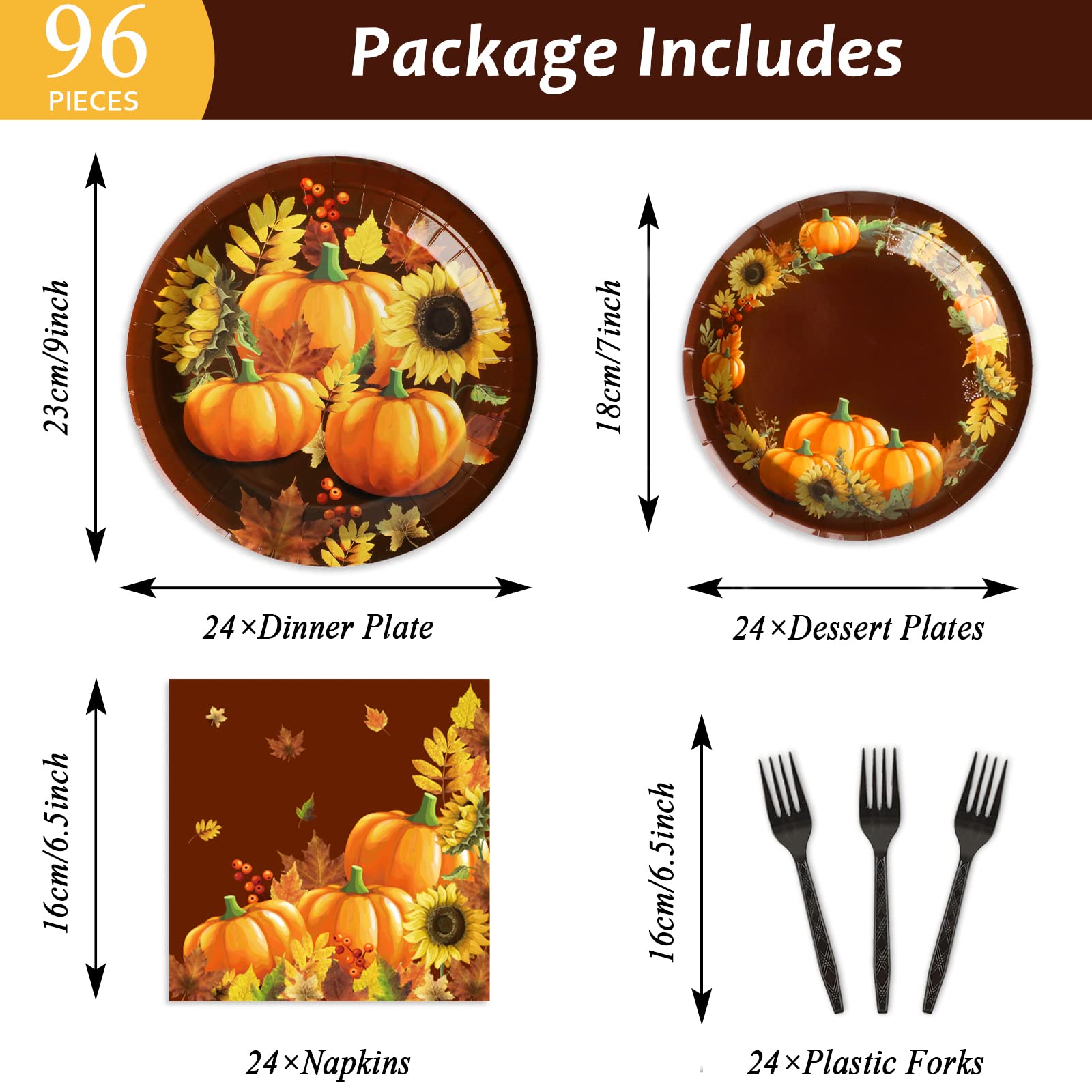96 Pcs Fall Party Paper Plate and Napkins Supplies Thanksgiving Fall Pumpkin & Sunflower Dessert Plates Thanksgiving Disposable