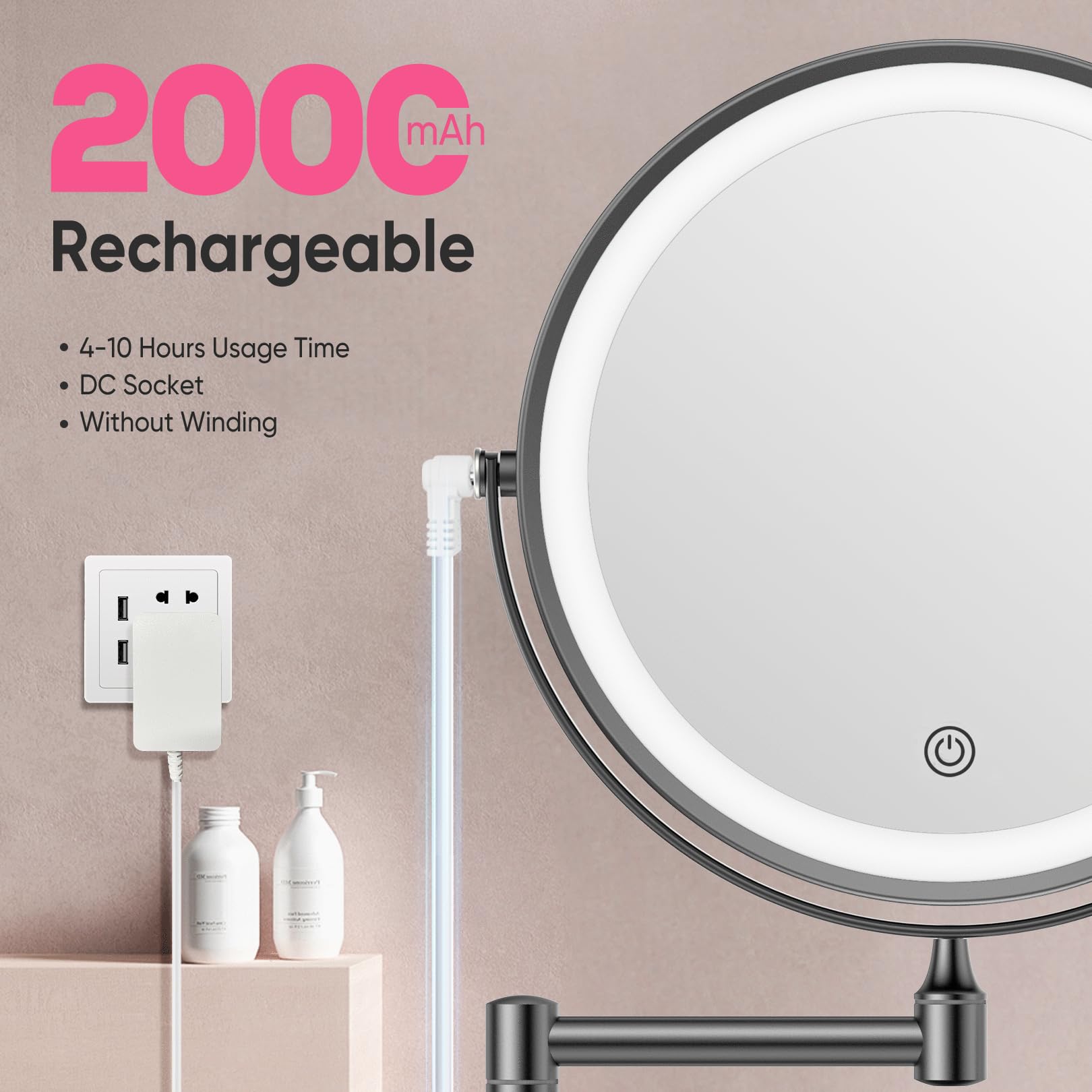 Fascinate Rechargeable Wall Mounted Makeup Mirror With Lights And Magnification, 8 Inch Double Sided 1X 10X Magnifying Bathroom