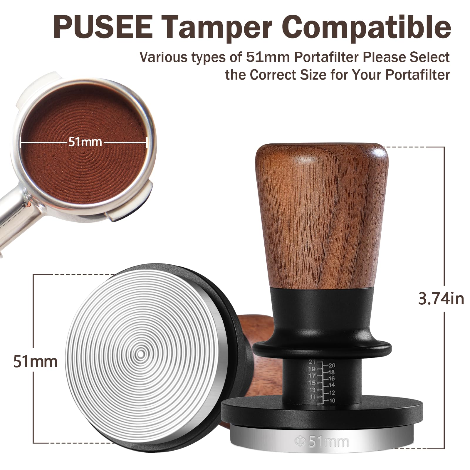 Pusee 51Mm Espresso Tamper, Calibrated Tamper With 30Lbs Double Spring Loaded Tamper Walnut Wood Coffee Tamper For Barista Home,