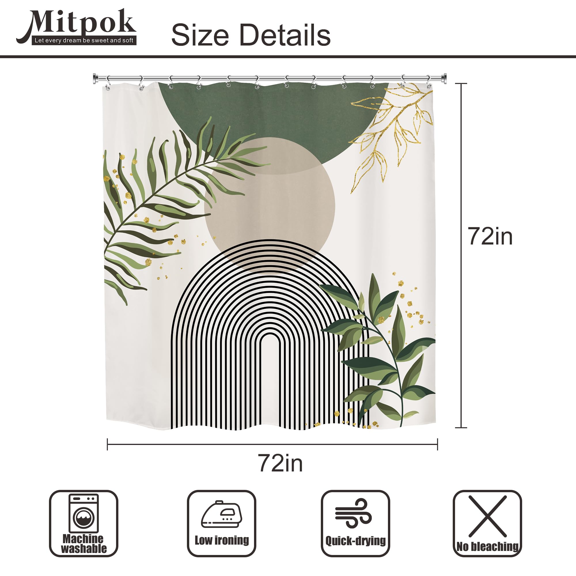 Mitpok Sage Green Boho Mid Century Shower Curtain 72Wx72H Abstract Gold Leaves Grey Modern Sun Arch Minimalist Geometric Aesthet