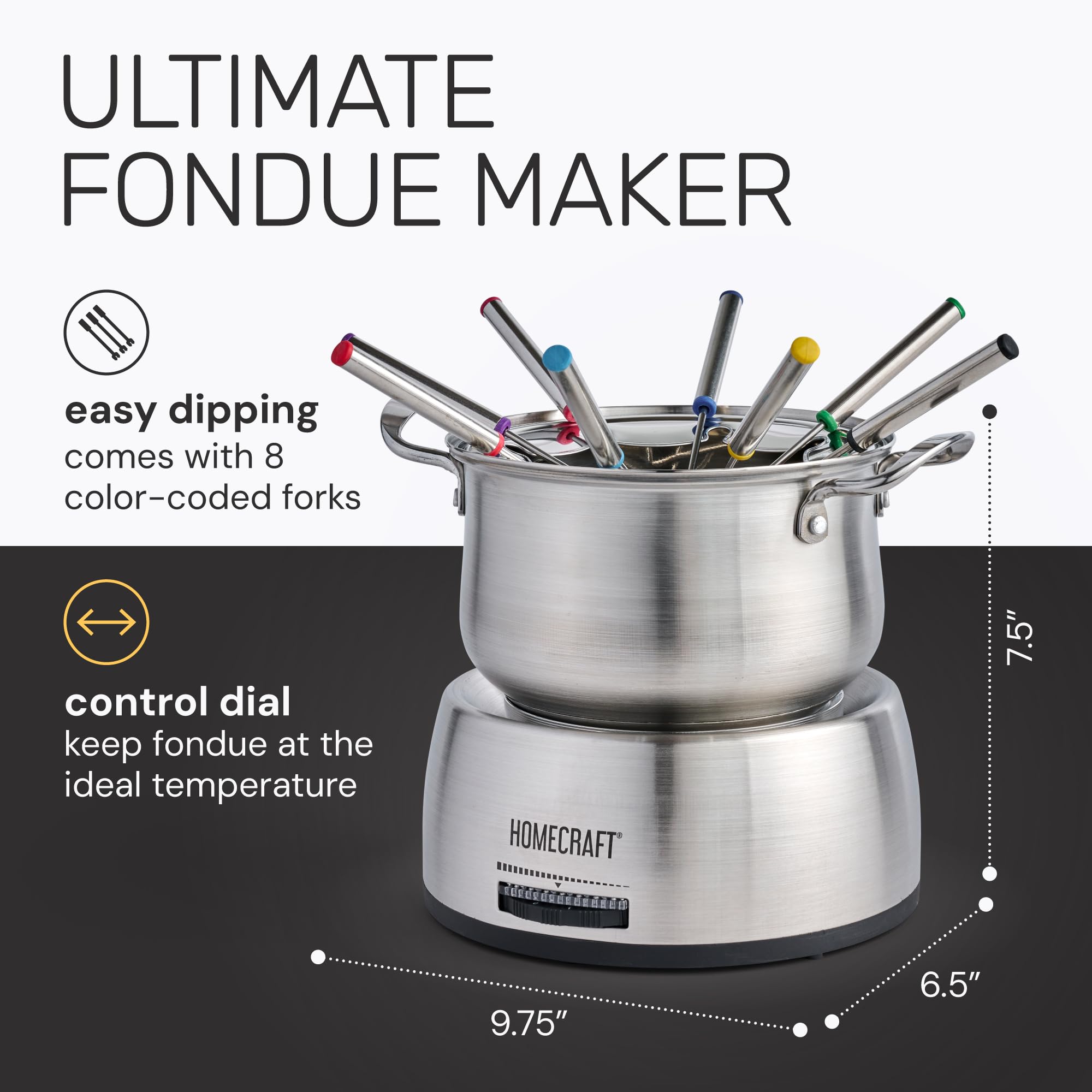 Nostalgia 8-Cup Electric Fondue Pot Set For Cheese & Chocolate - 8 Color-Coded Forks, Adjustable Temperature Control - Stylish S