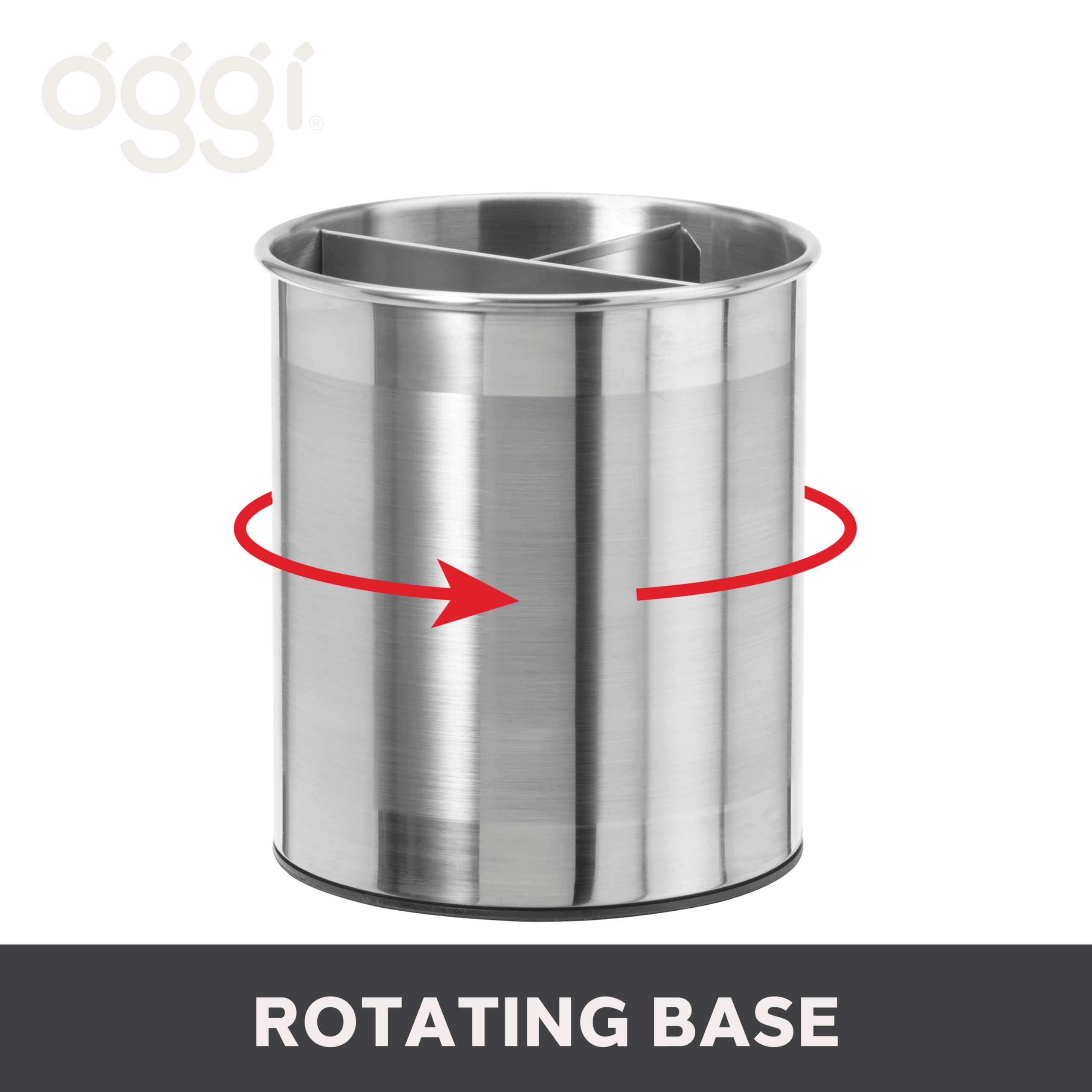 Oggi Jumbo Stainless Steel Rotating Utensil Holder With Removable Divider - Stylish Kitchen Cooking Utensil Organizer. Height 7.