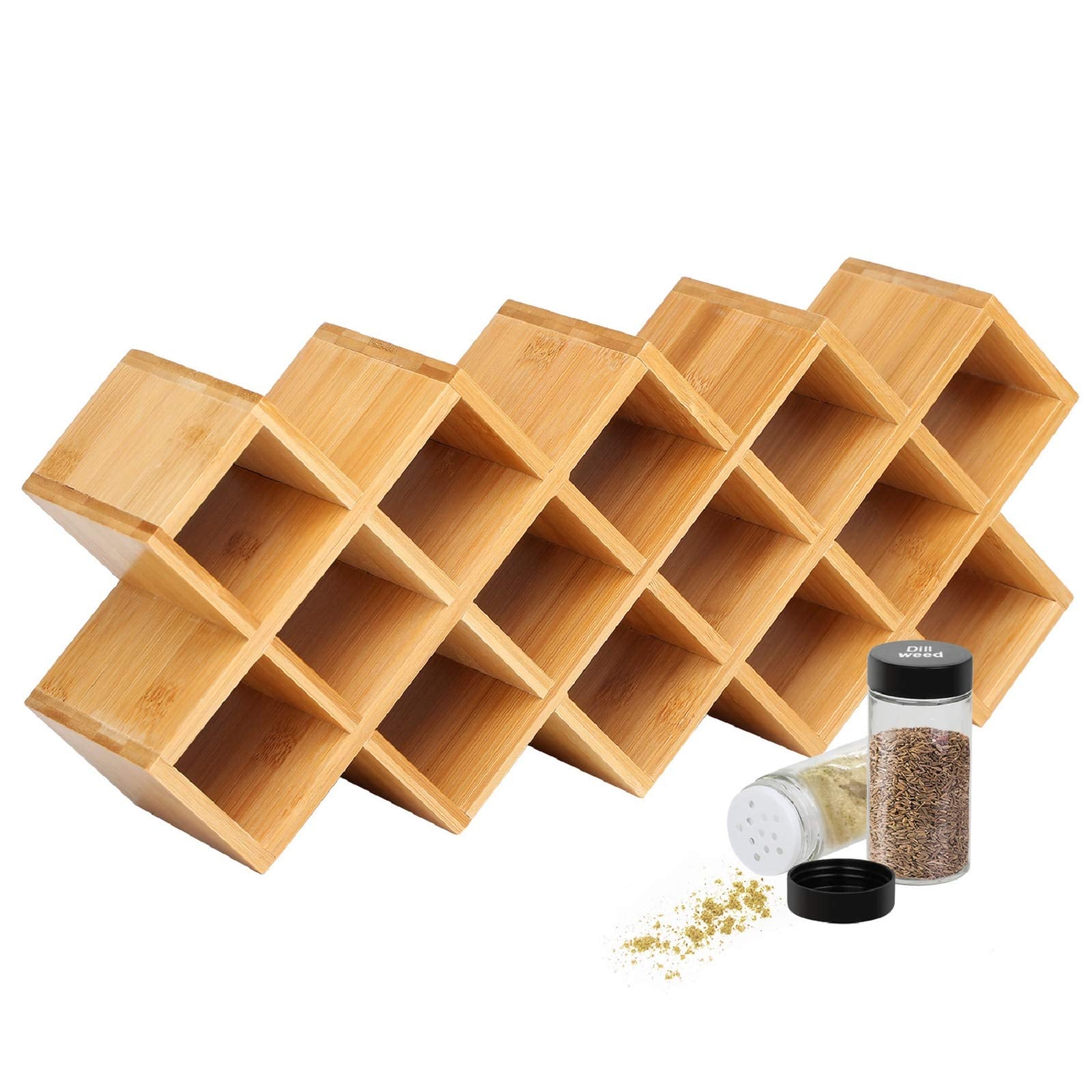 Criss-Cross 18-Jar Bamboo Countertop Spice Rack Organizer, Kitchen Cabinet Cupboard Wall Mount Door Spice Storage, Fit for Round
