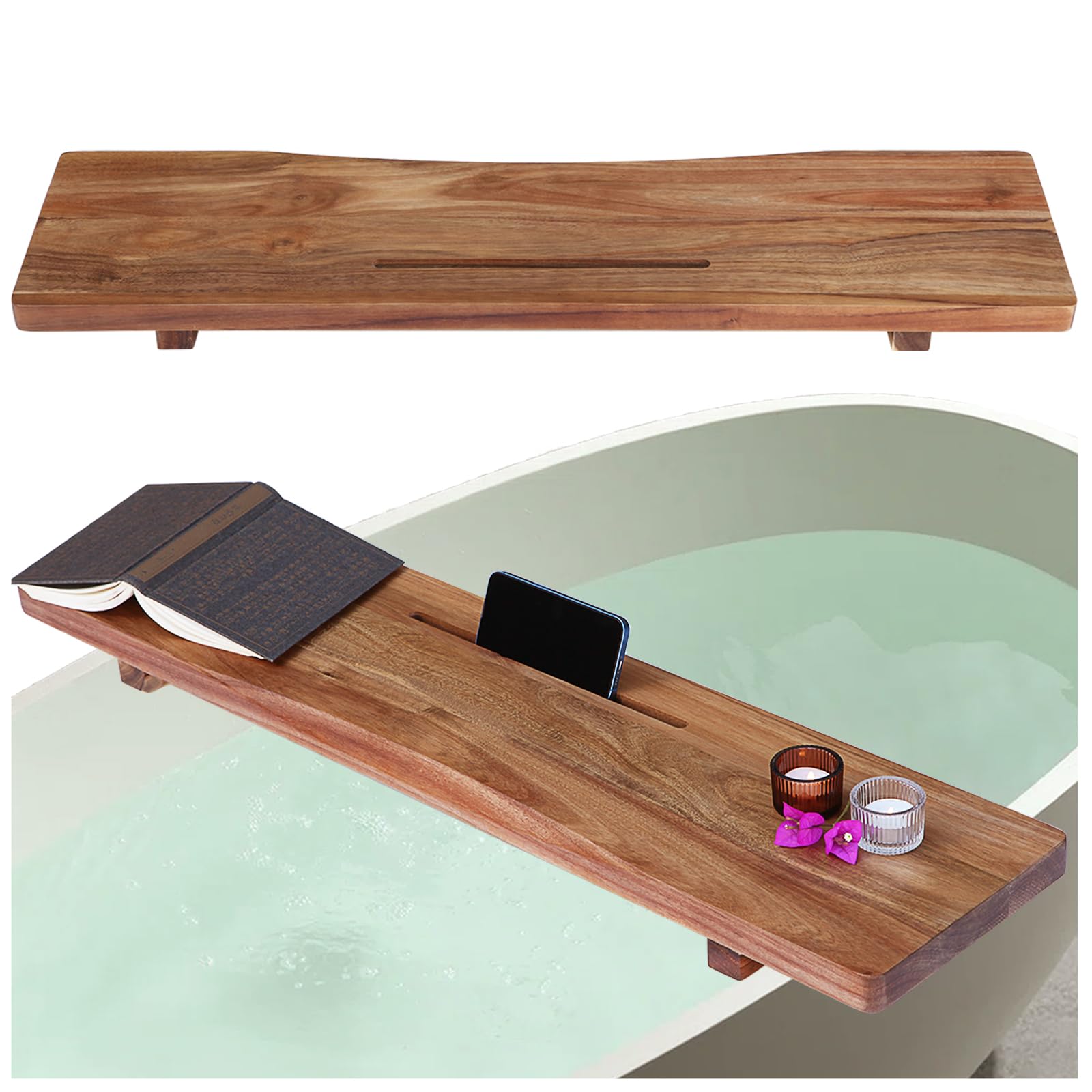 Premium 1.2In Thickened Board Acacia Wood Bathtub Tray Caddy With Adjustable Legs, Minimalistic Design Bath Tray For Tub, Bathtu