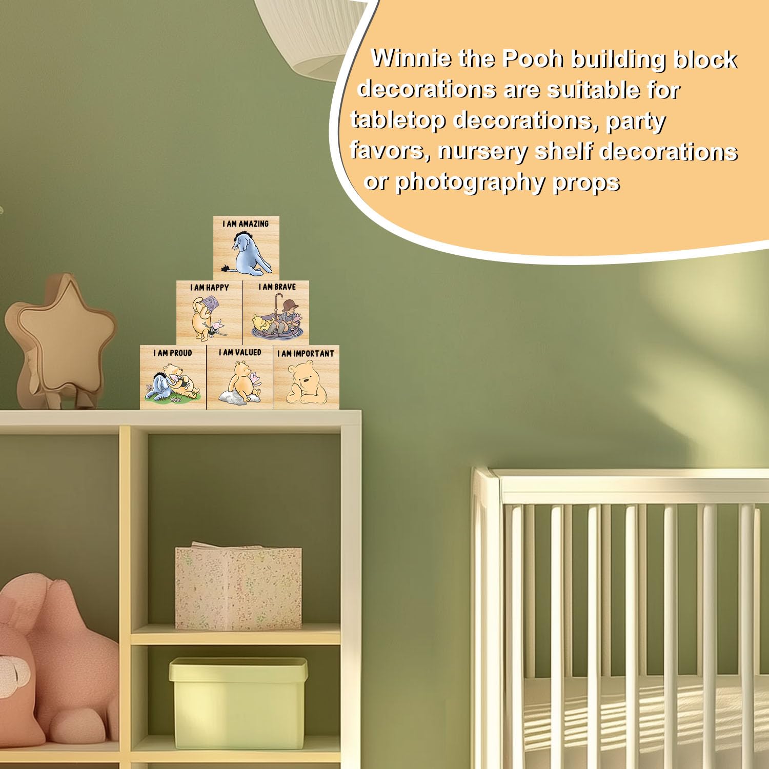 Tillfuru 6 Pcs Inspirational Winnie Nursery Decor for Girls and Boys Wooden The Pooh Decorations Winnie Baby Table Wooden Decora