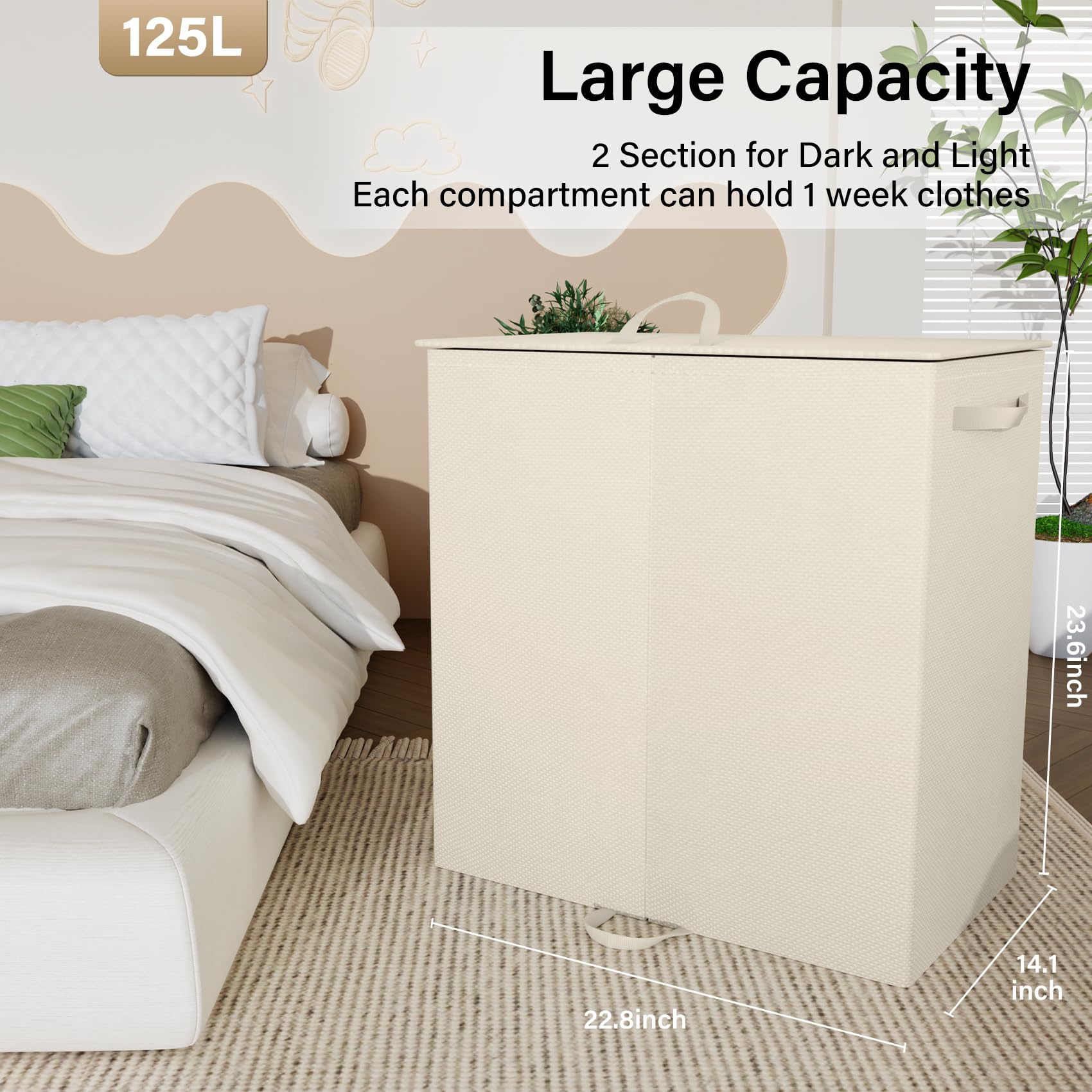 Double Laundry Hamper With Lid And 4 Removable Laundry Bags, Collapsible Laundry Hamper 2 Section Dirty Clothes Hamper With Hand