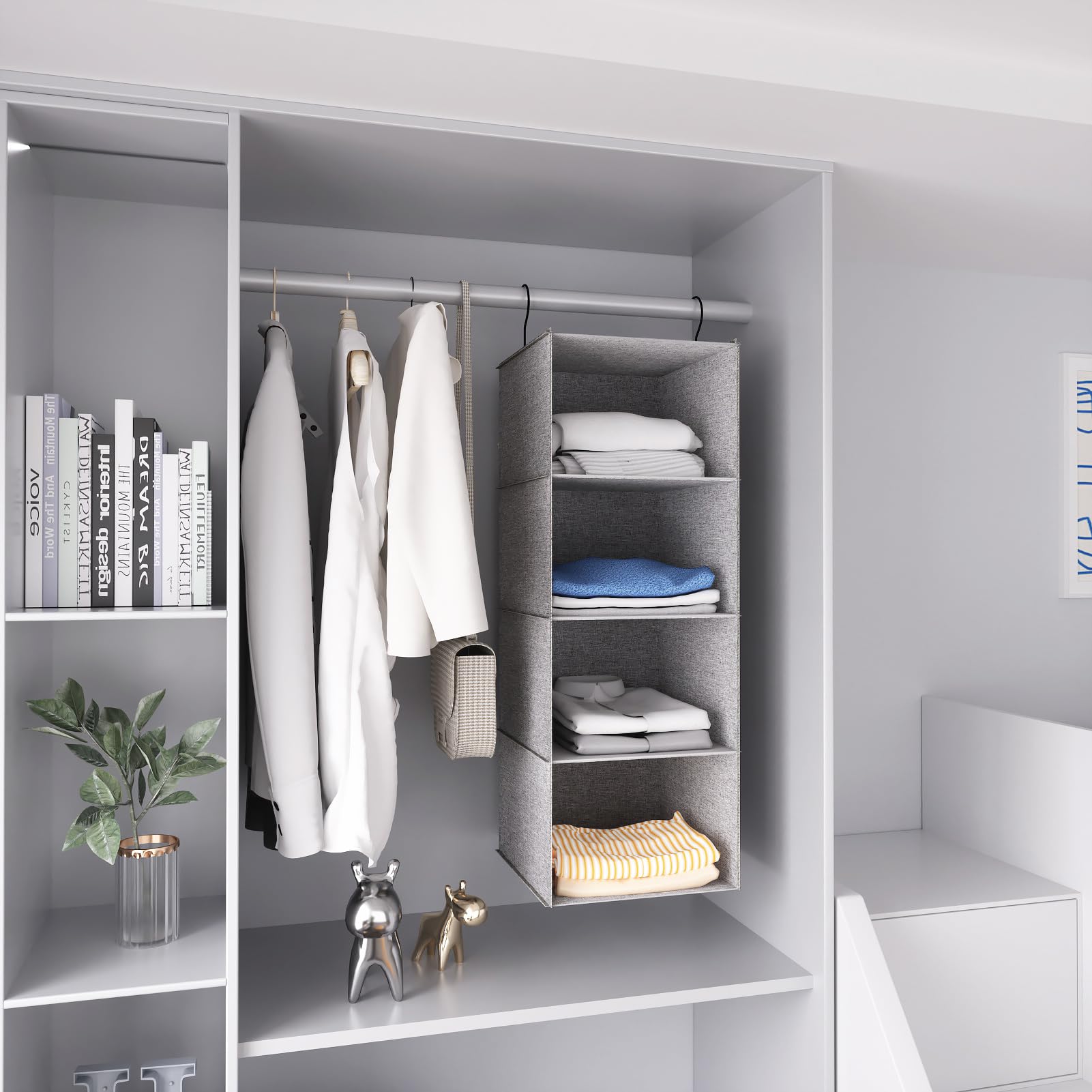 Donyeco Hanging Closet Organizer, Easy Mount Collapsible 4-Shelf Camper Closet Wardrobe Hanging Storage Shelves, Folded Clothes