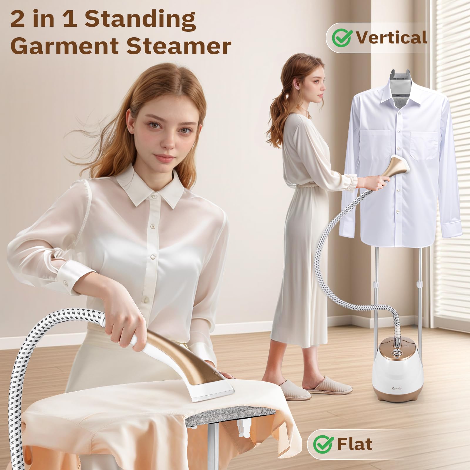 HAPAIS 1800W Standing Garment Steamer - Large, Adjustable Double Rod, Fast Heat-up, White Gold, Model HAPAIS-01