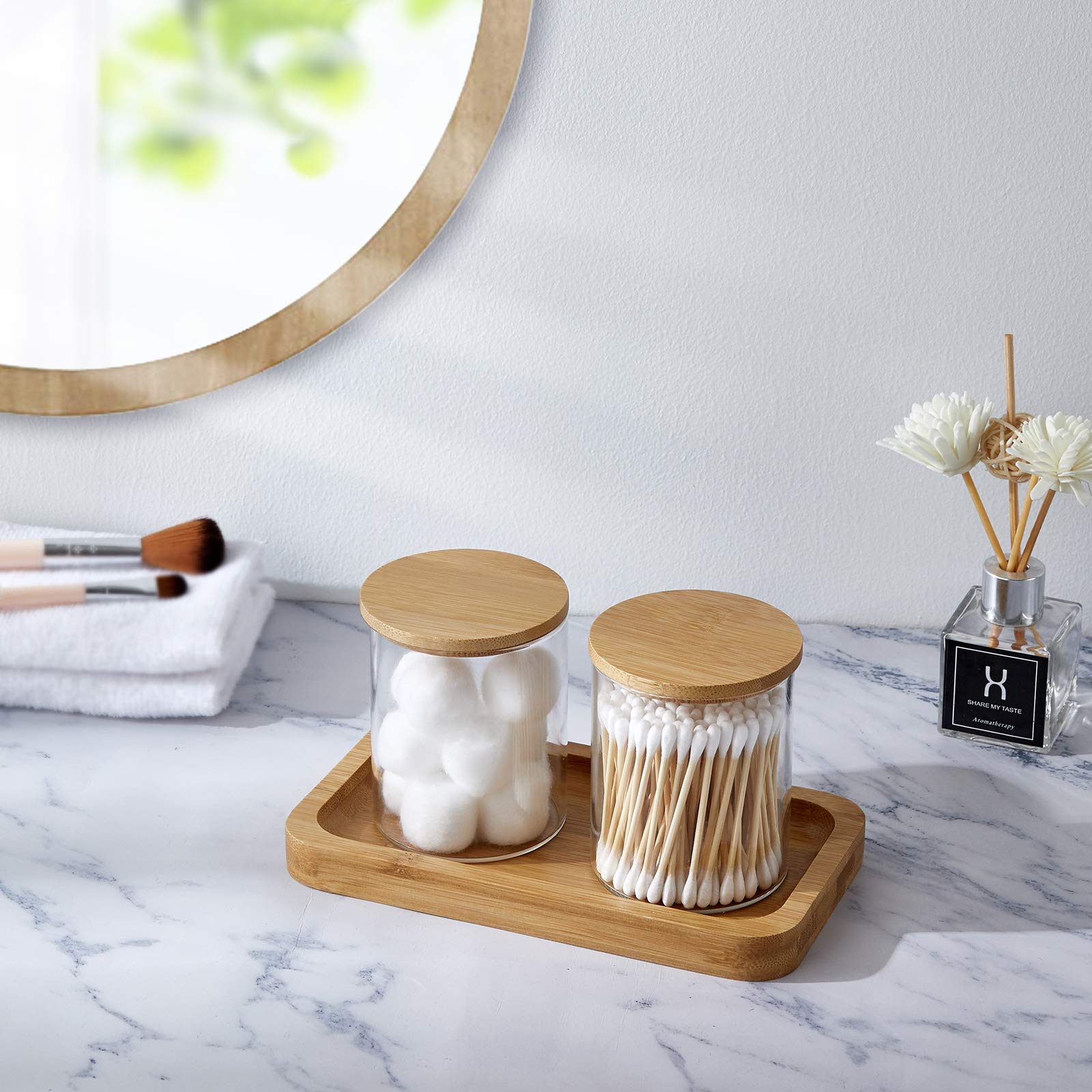 INIUNIK Qtip Holder with Bathroom Vanity Tray  Glass Apothecary Jars with Lids for Bathroom  Cotton Ball Swab Pad Rounds Holder Bathroom Canister Jars for Bathroom Restroom Decorations and Organizer