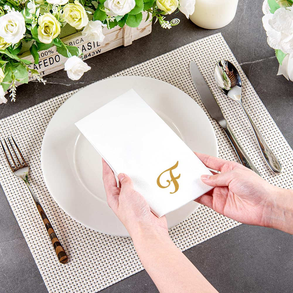 Luxenap 15.8 X 7.9 Inch Linen-Feel Guest Towels, 50 Lettered Hand Towels - Gold Letter 'F', Cursive Font, White Paper Dinner Nap