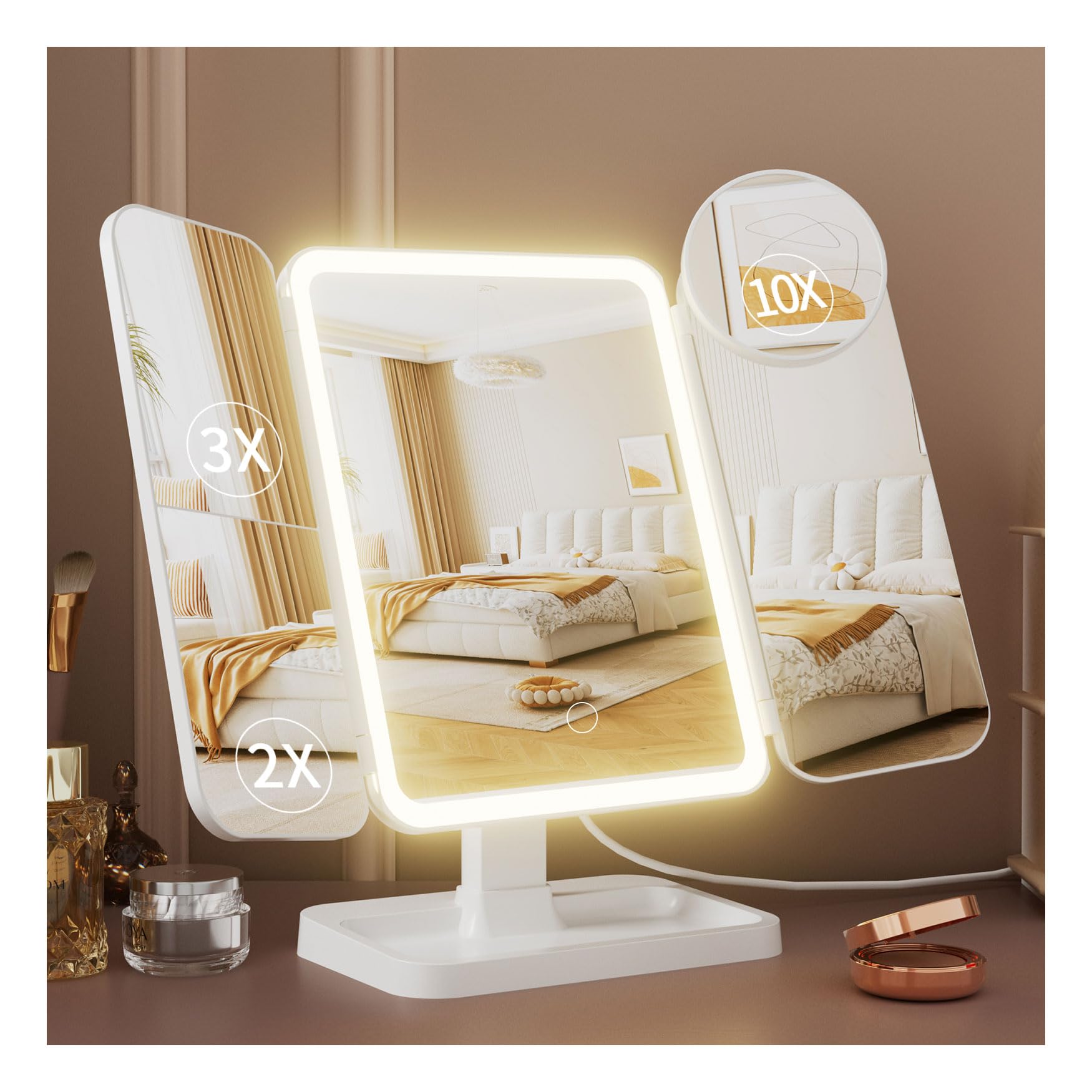 Makeup Mirror With Lights, Rechargeable Lighted Vanity Mirror With 70 Led Lights And 2X 3X 10X Magnification, 3 Color& Adjustabl