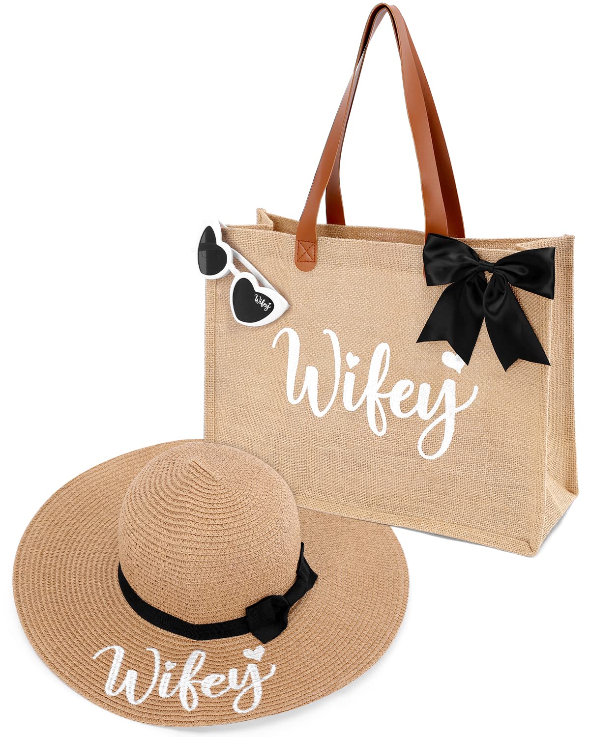 Percozzi Wifey Tote Bag Sun Hat Glasses Set Bride-To-Be Bridal Shower Gift Basket For Future Mrs. Honeymoon Jute Tote Bag Kit Su