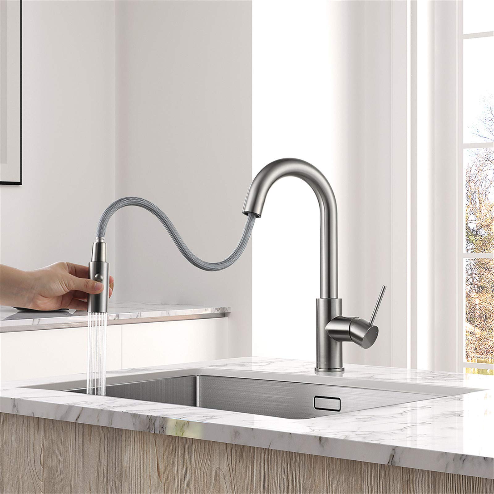 AguaStella AS59BN Brushed Nickel Bar Faucet or Prep Kitchen Sink Faucet with Pull Down Sprayer and Single Handle