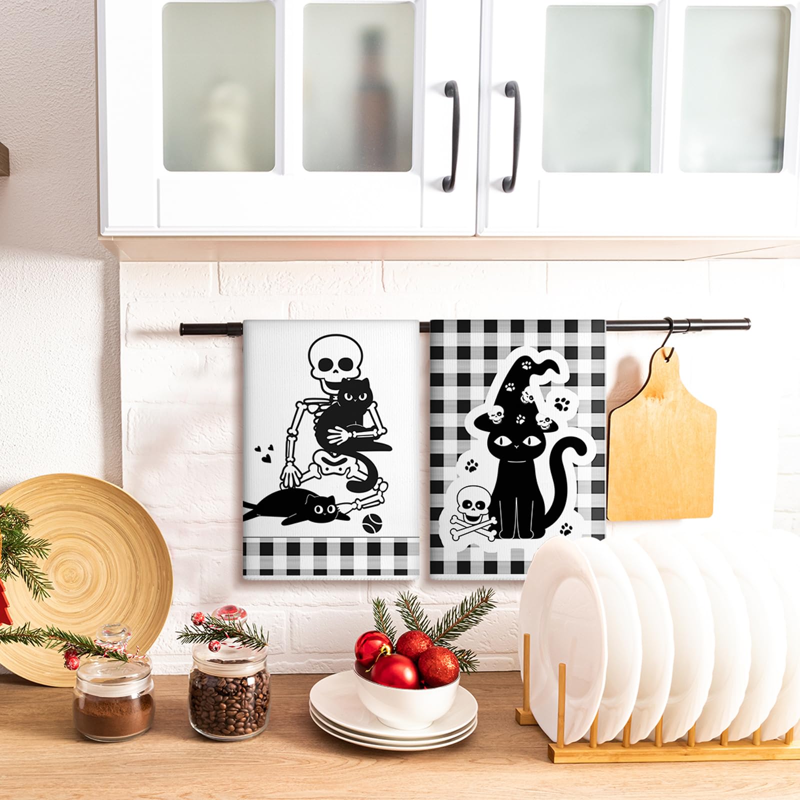 Bencailor 6 Pcs Spooky Christmas Kitchen Towels Cute Skull Black Cat Gothic Christmas Dish Hand Towels Skeleton Tea Washcloth fo