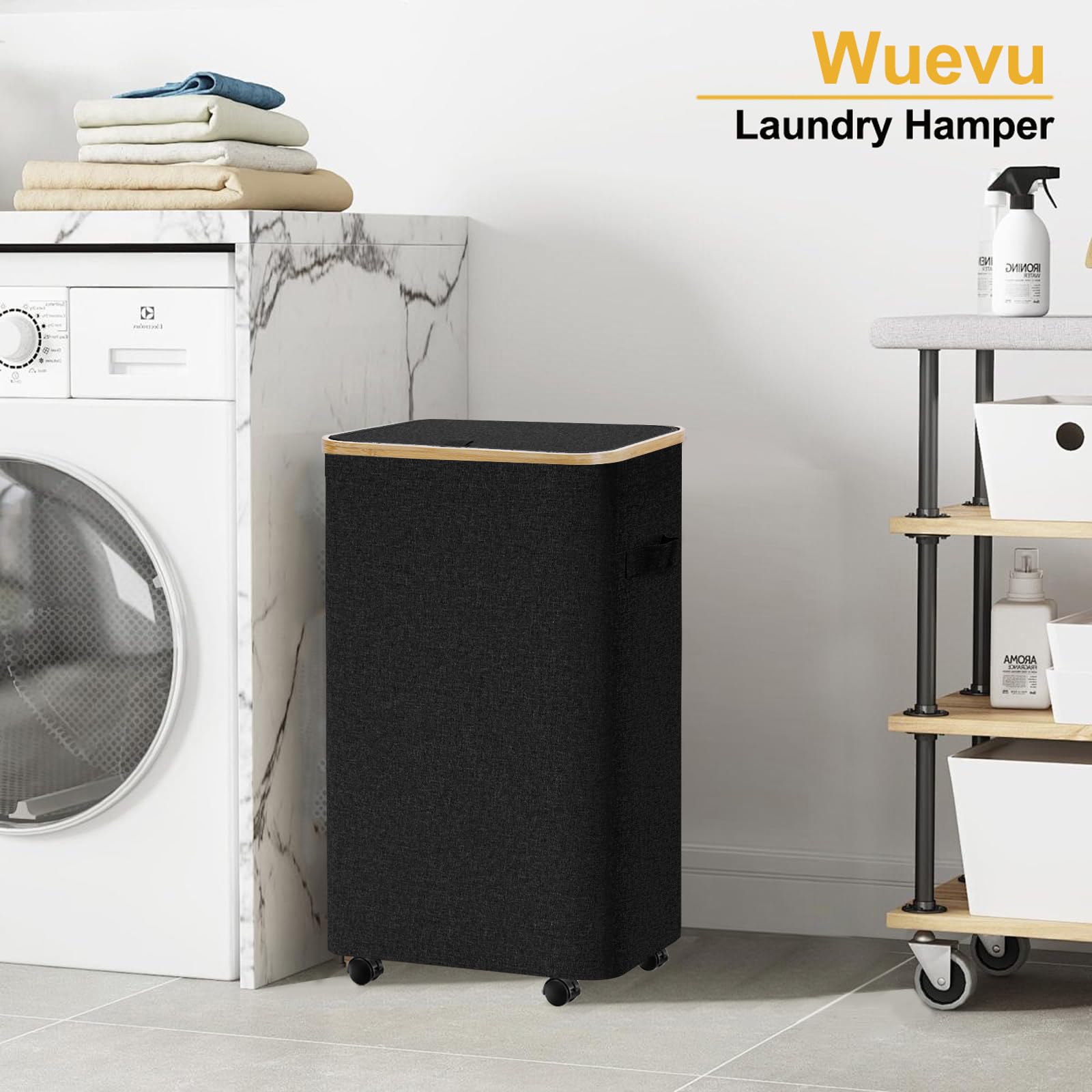 Black Laundry Hamper With Lid And Wheels,Rolling Laundry Basket With Handles Foldable Dirty Clothes Hamper Wheeled Laundry Hampe