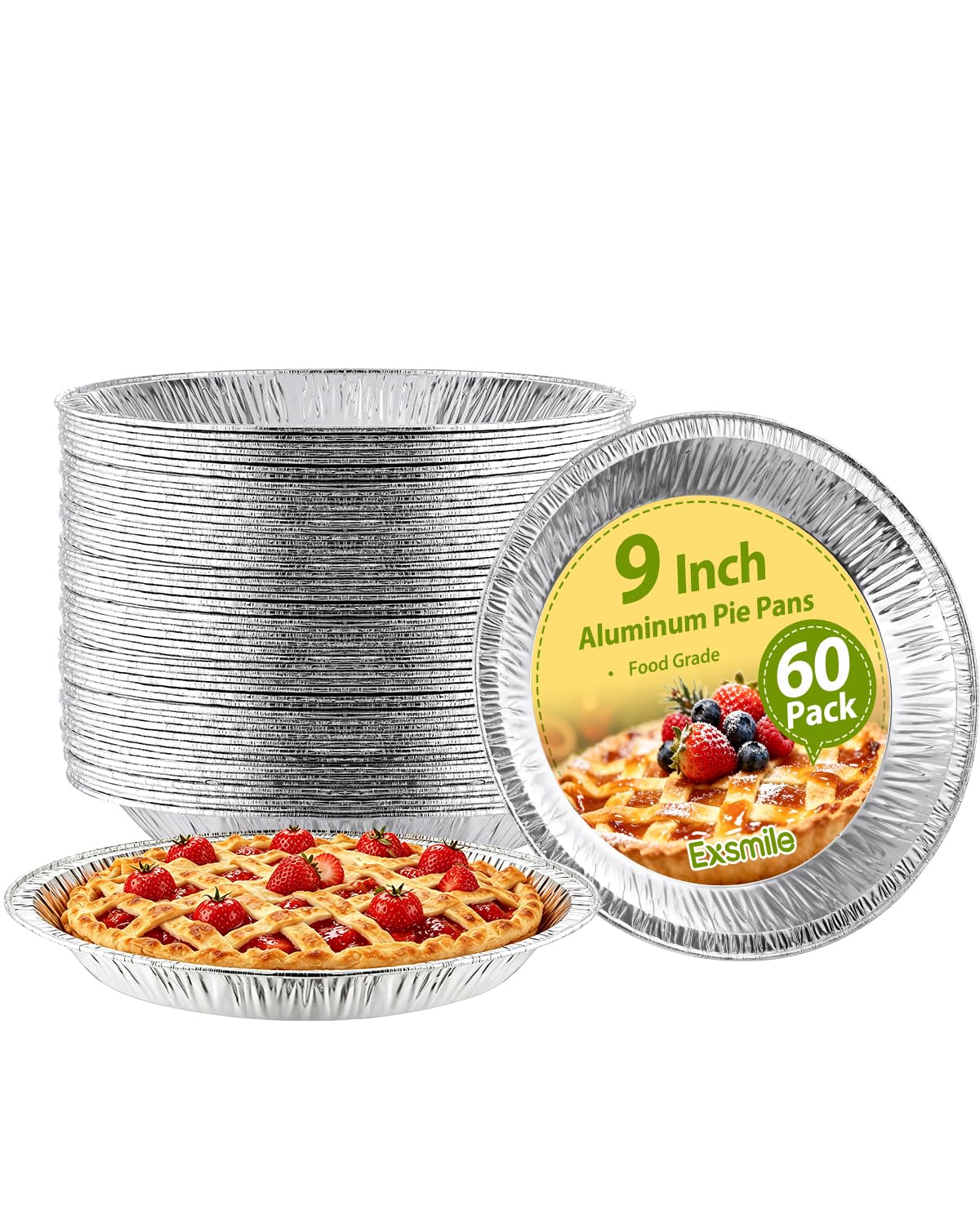 Exsmile 60 Pack 9 Inch Disposable Aluminum Pie Pans  Round Foil Pie Tins, Foil Plates, Takeout Food Containers for Tart Baking,