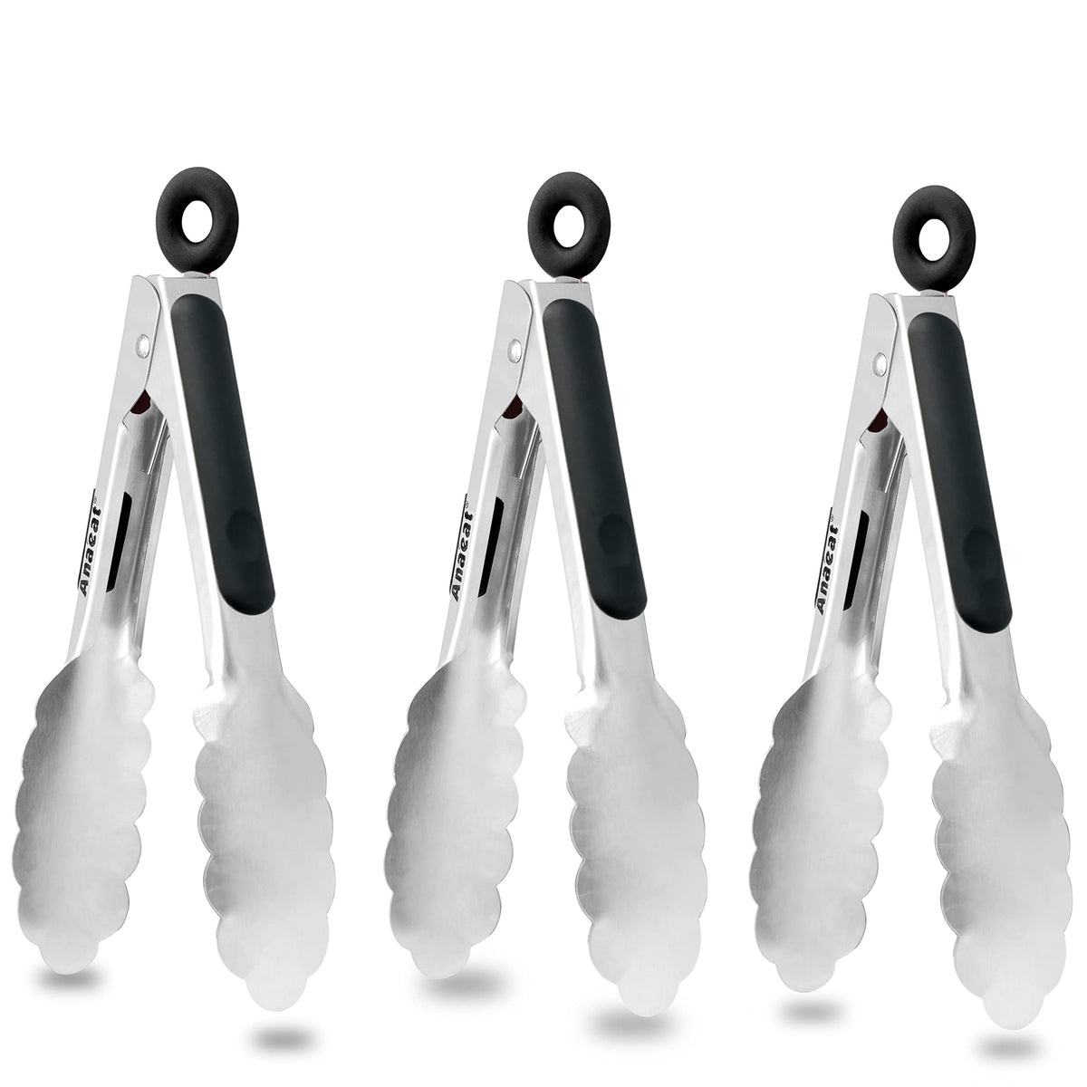 Anaeat 3 Pack 7'' Mini Stainless Steel Cooking Tongs - Sturdy Coiled Spring Locking Kitchen Food Tong With Non-Slip Silicone Gri