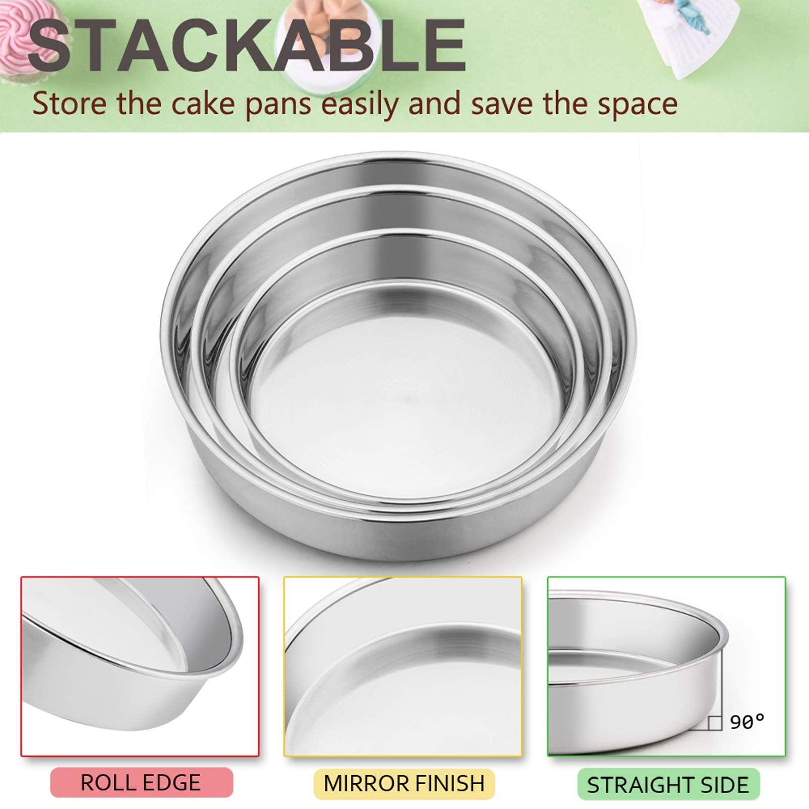 E-Far Cake Pan Set Of 3 (6 Inch/8 Inch/9 Inch), Stainless Steel Round Layer Cake Baking Pans, Perfect For Birthday Wedding Tier