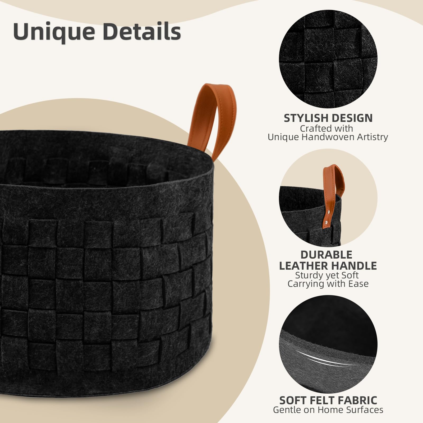 Boldmonkey Laundry Basket 20'' X20 X11.8, Large Round Blanket Basket With Leather Handle, Felt Storage Basket For Living Room, N